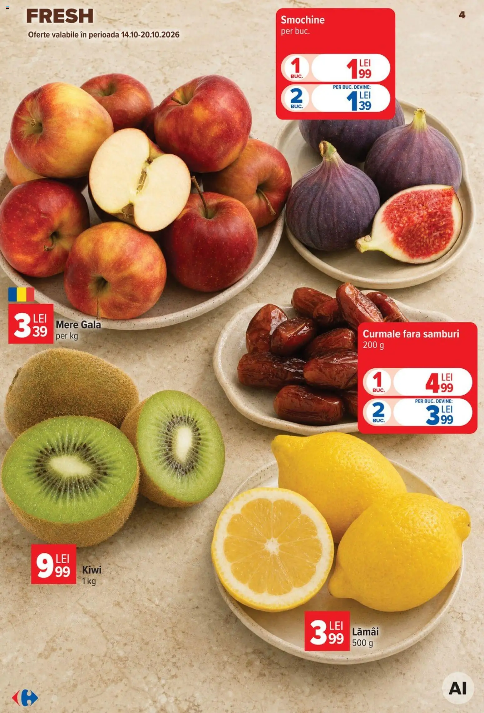 Noul catalog Carrefour – valabil de la 14.10.2026 | Pagină: 4 | Produse: Lamai, Mere, Kiwi, Curmale
