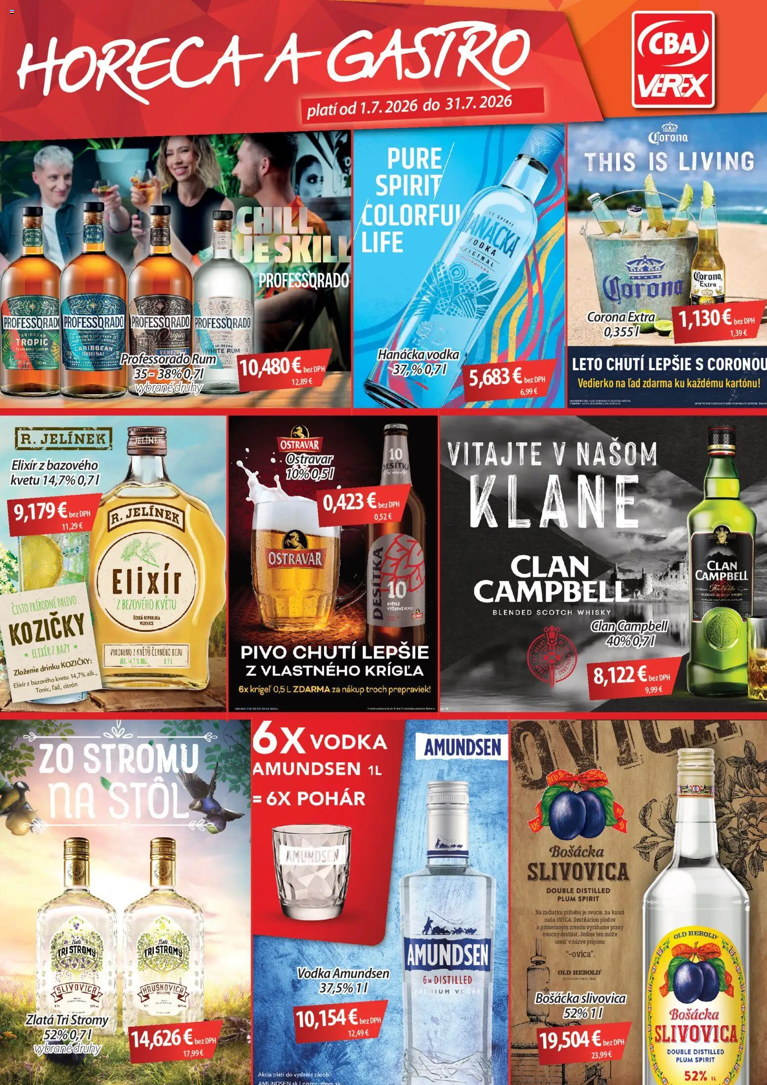 Nové CBA Verex akcie – leták je platný od 01.07.2026 | Strana: 1 | Produkty: Stôl, Vodka, Whisky, Rum