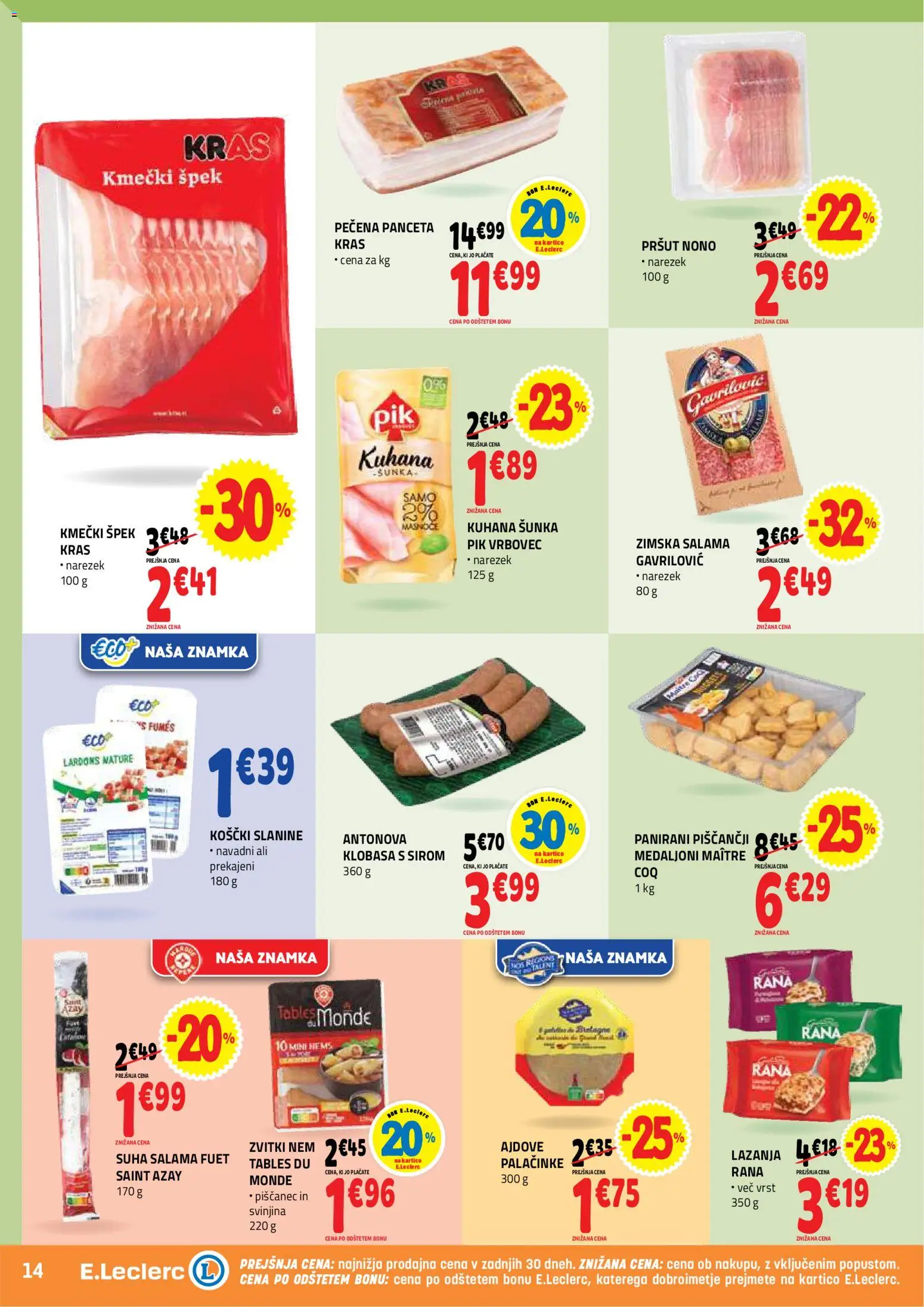 Novi E.leclerc katalog ponudbe – veljaven od 05.08.2026 | Stran: 14 | Izdelki: Panceta, Narezek, Palačinke, Salama