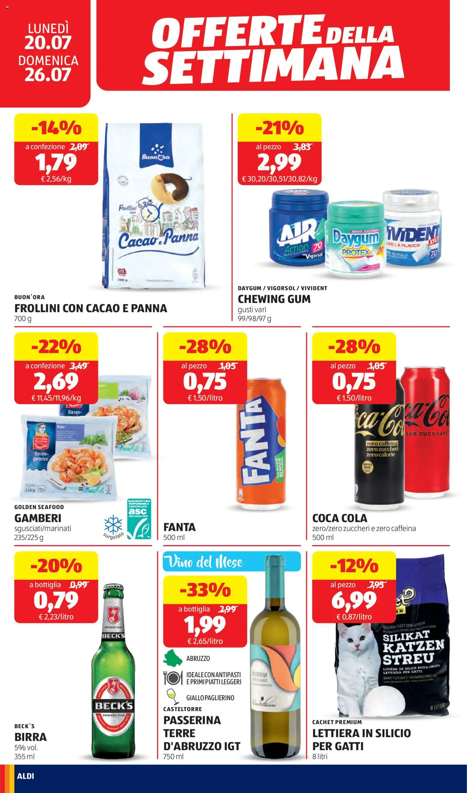 Volantino Aldi del 20/07/2026 | Pagina: 20 | Prodotti: Birra, Gamberi, Fanta, Coca Cola