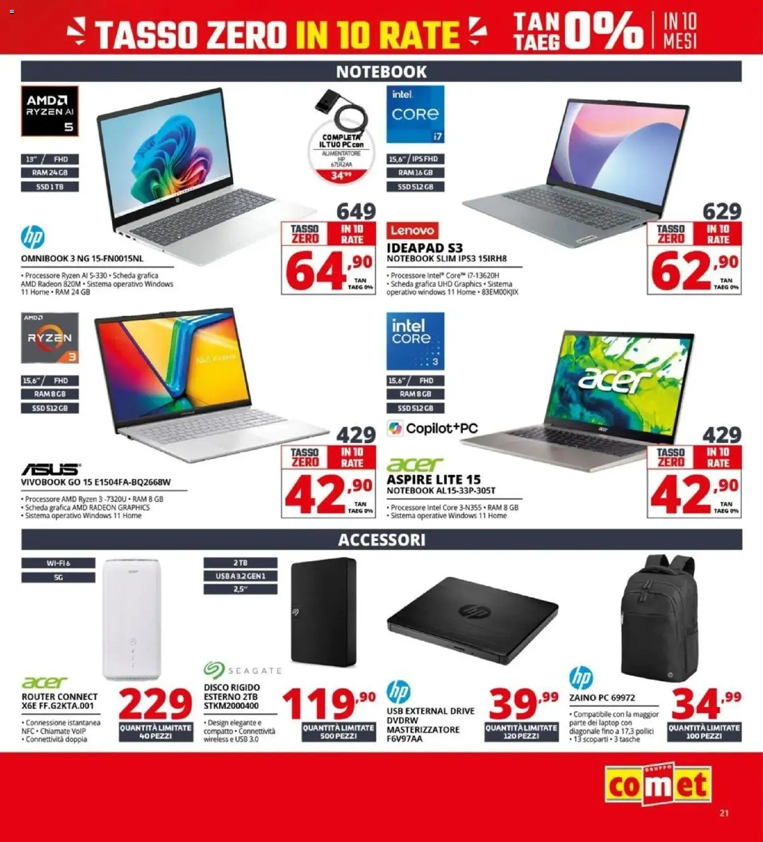 Volantino Comet del 10.04.2026 | Pagina: 21 | Prodotti: Router, Zaino, Laptop, Disco