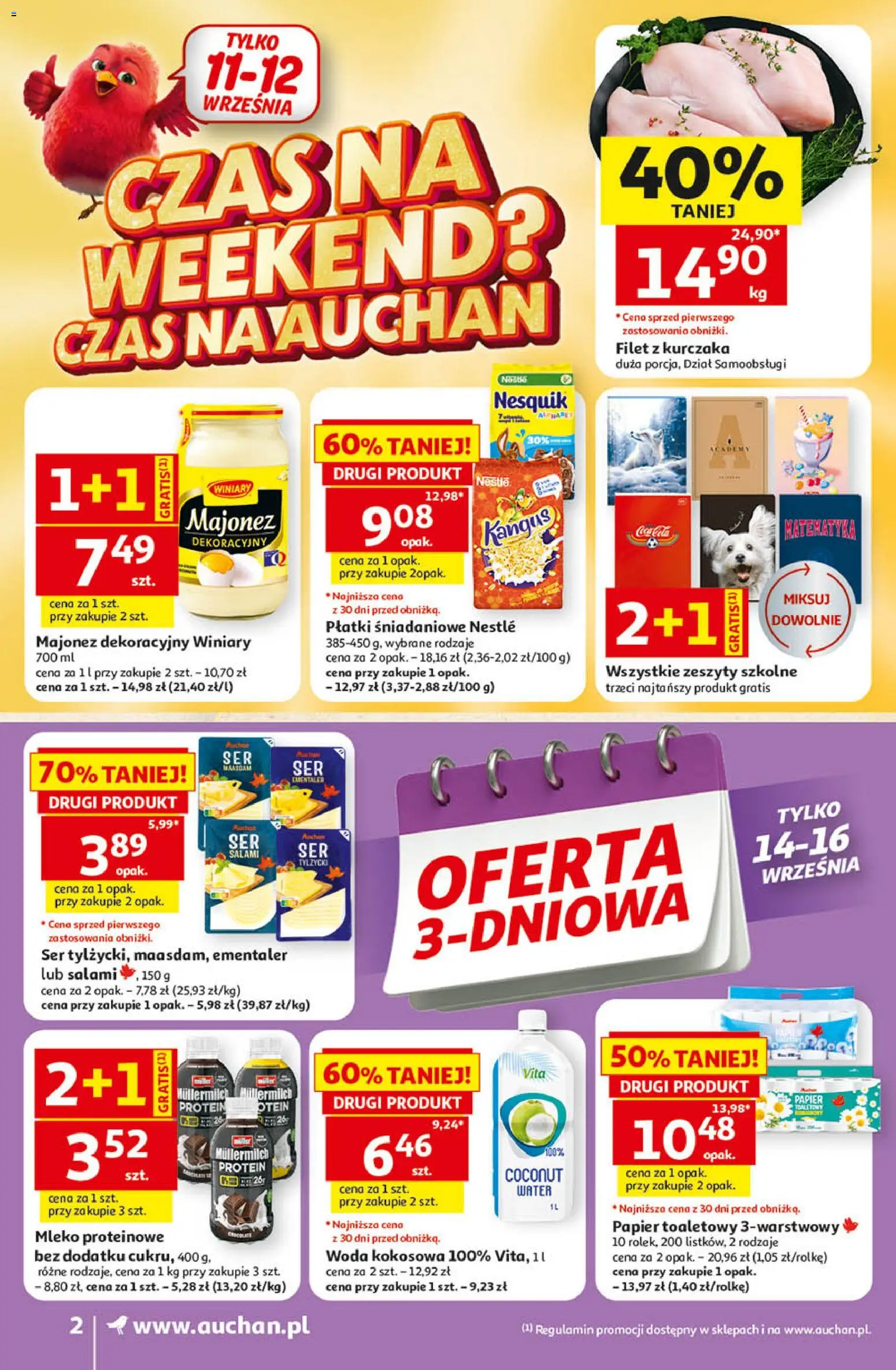 Auchan gazetka od 10.09.2026 | Strona: 2 | Produkty: Woda kokosowa, Filet, Ser, Zeszyty