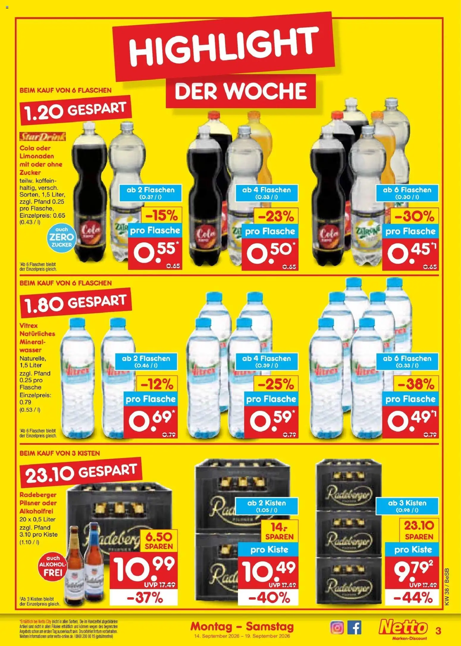 Netto Marken-Discount Prospekt Berlin-Prenzlauer Berg – gültig ab 14.09.2026 | Seite: 3 | Produkte: Cola, Wasser, Alkohol, Zucker