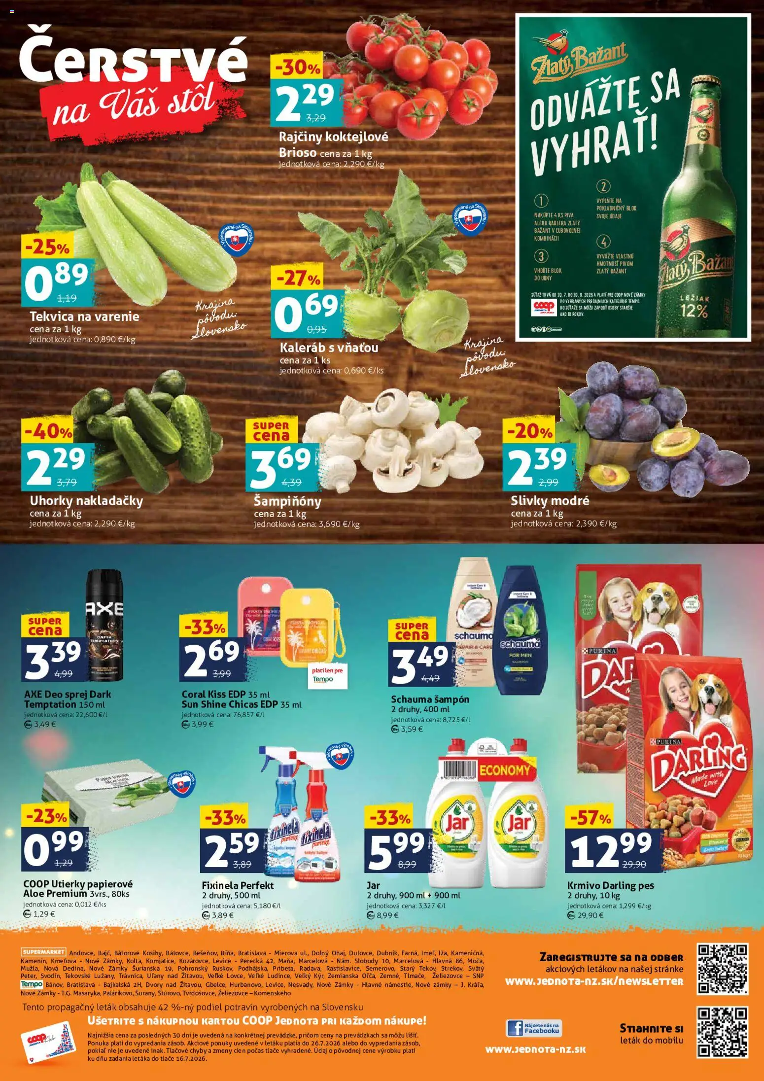 Nové COOP Jednota akcie – leták je platný od 24.07.2026 | Strana: 4 | Produkty: Stôl, Zlatý Bažant, Slivky, Uhorky