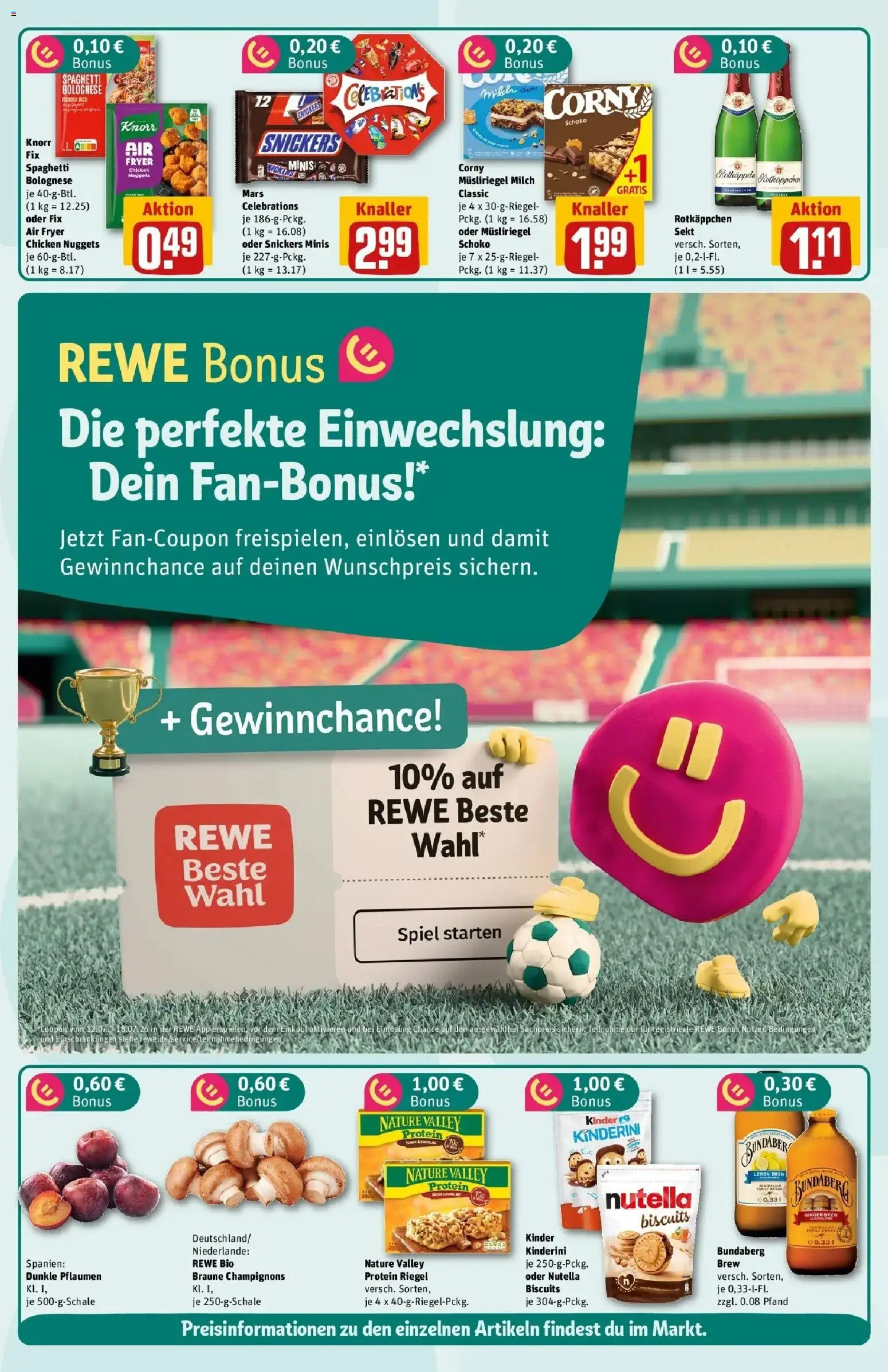 Rewe Prospekt Braunschweig – gültig ab 13.07.2026 | Seite: 2 | Produkte: Spiel, Pflaumen, Snickers, Champignons