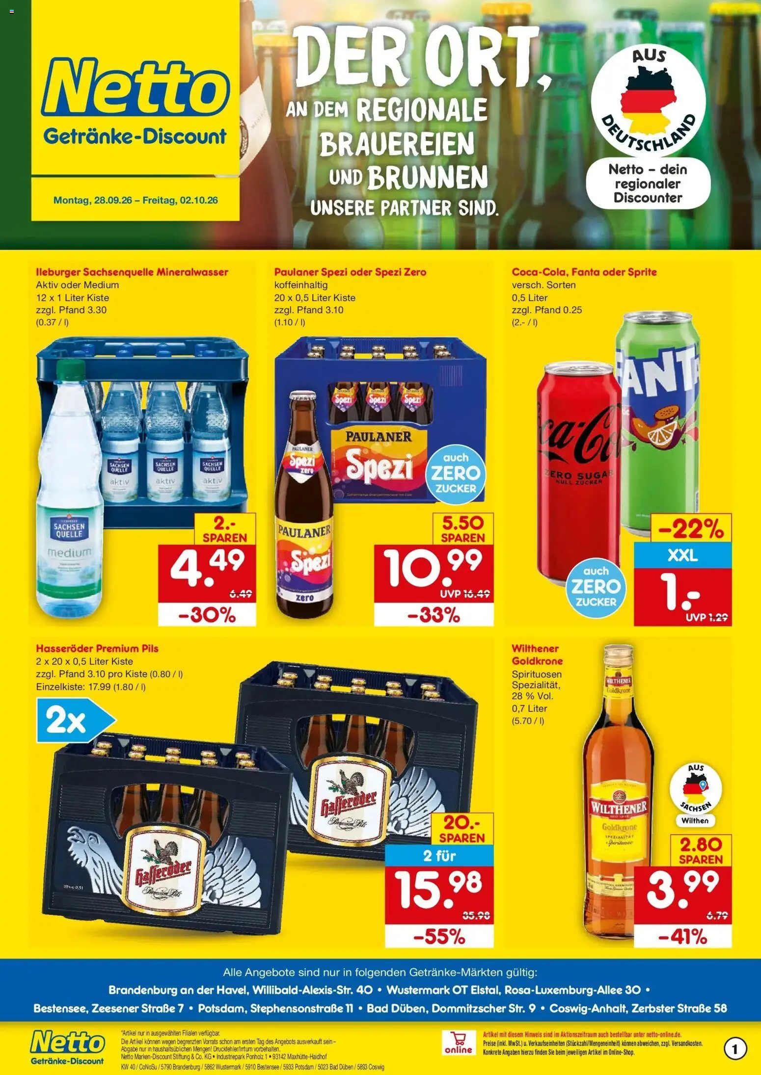 Netto Marken-Discount Prospekt Bestensee (ab 28.09.2026) » Angebote | Seite: 1 | Produkte: Sprite, Wilthener, Paulaner spezi, Paulaner