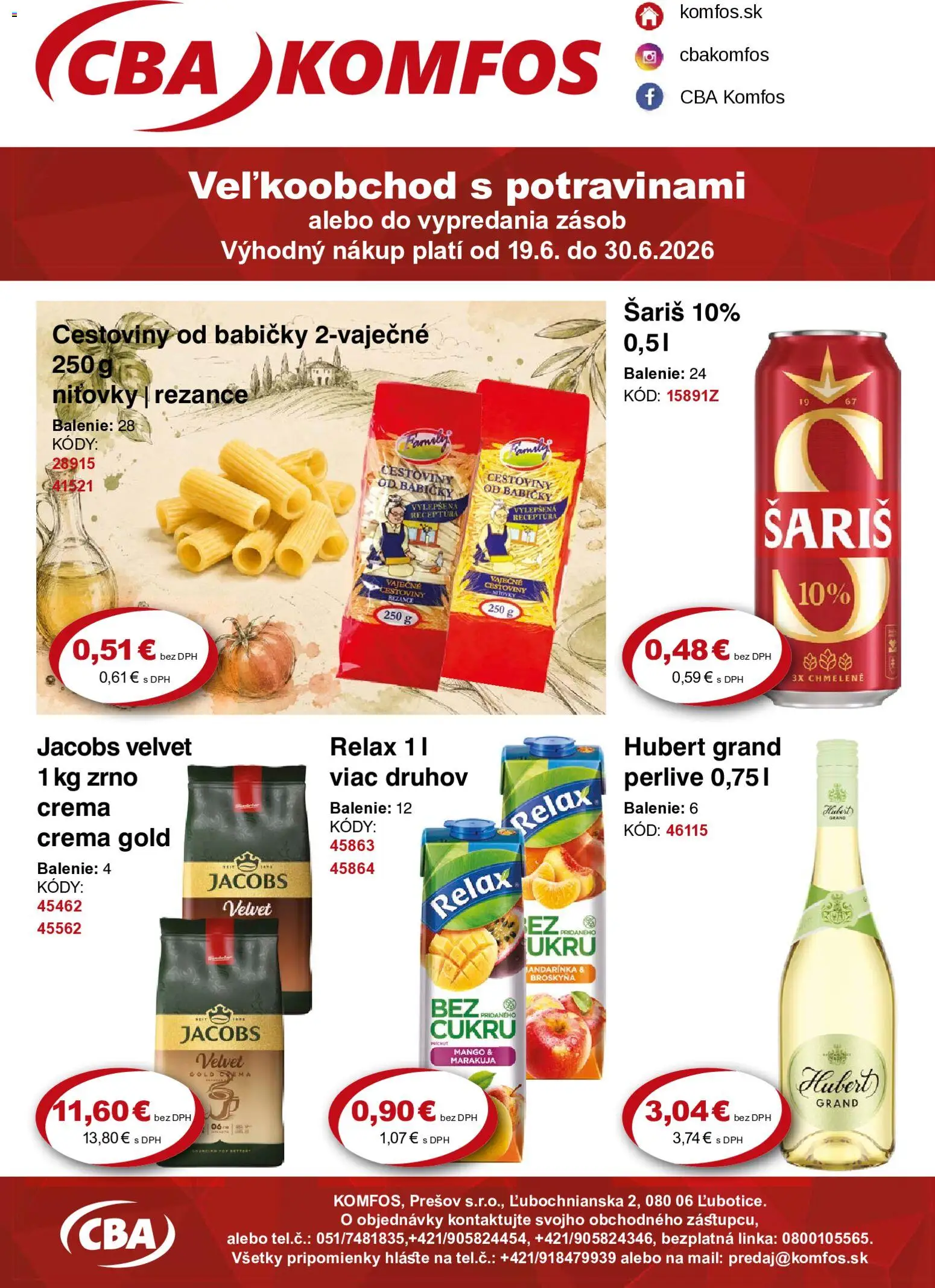 Nové CBA Komfos akcie – leták je platný od 19.06.2026 | Strana: 1 | Produkty: Jacobs Velvet, Cestoviny, Šariš, Mango