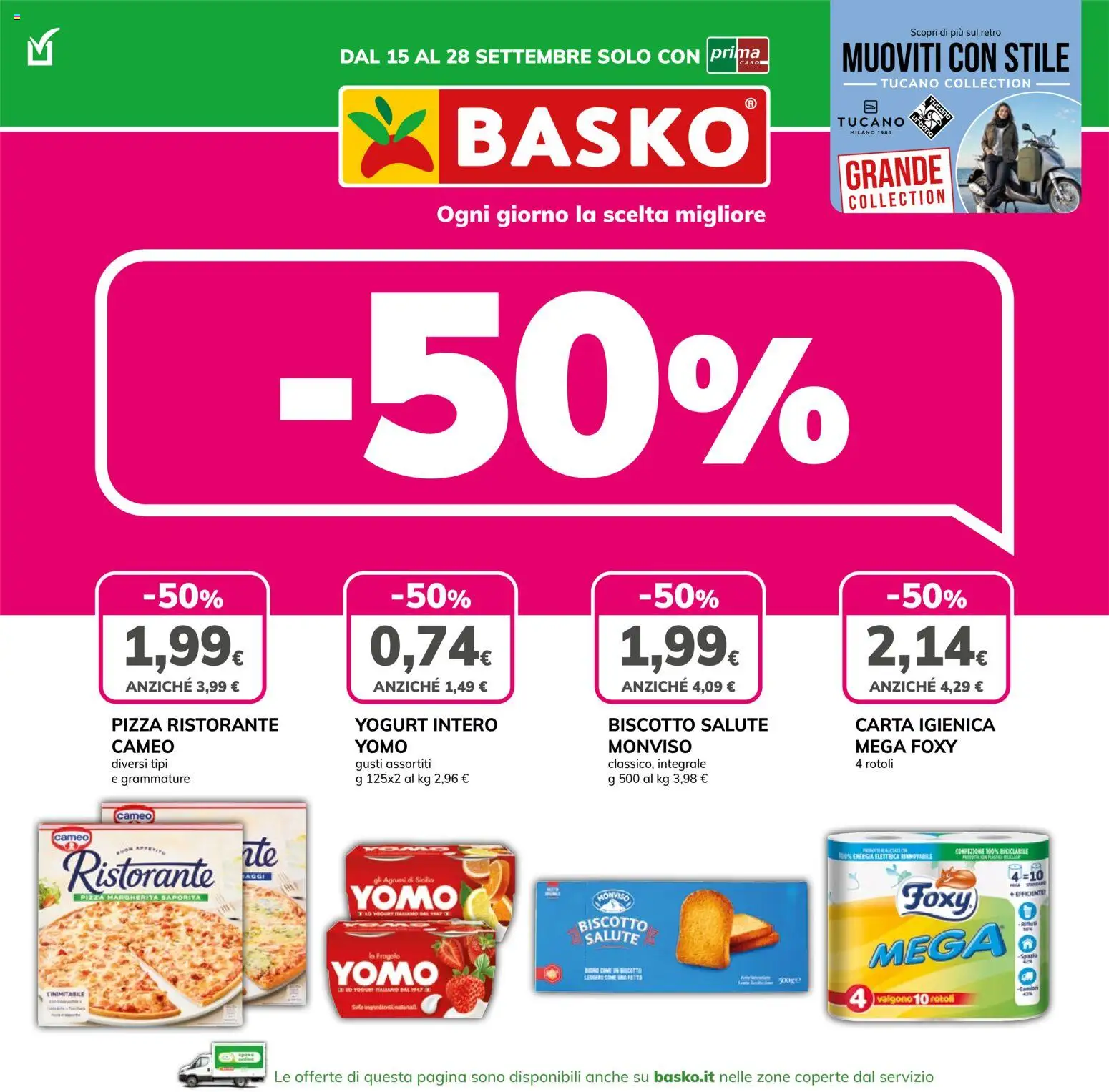 Volantino Basko del 15/09/2026 | Pagina: 1 | Prodotti: Carta igienica, Yogurt, Pizza, Agrumi