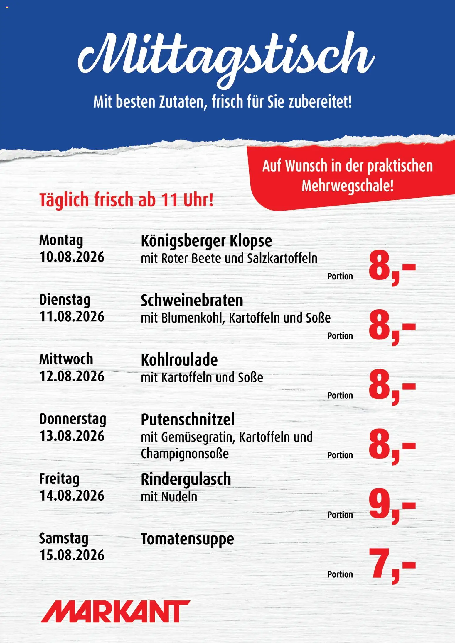 Markant  Mittagstisch – gültig ab 10.08.2026 | Seite: 1 | Produkte: Rindergulasch, Kartoffeln, Nudeln, Uhr