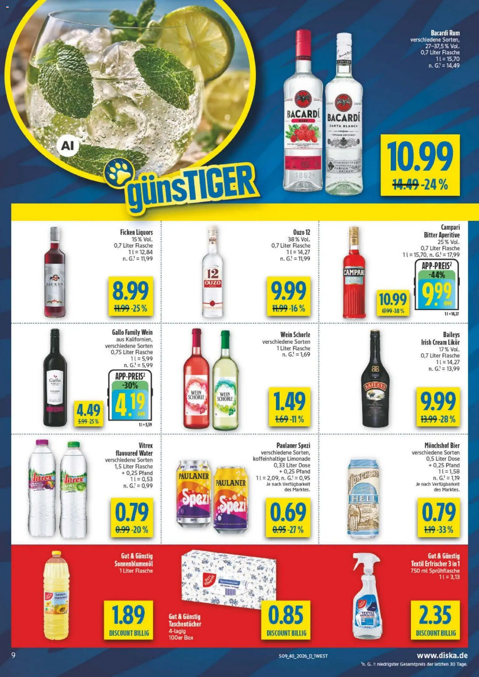 Diska Bayern – gültig ab 28.09.2026 | Seite: 9 | Produkte: Ouzo 12, Ouzo, Paulaner spezi, Rum