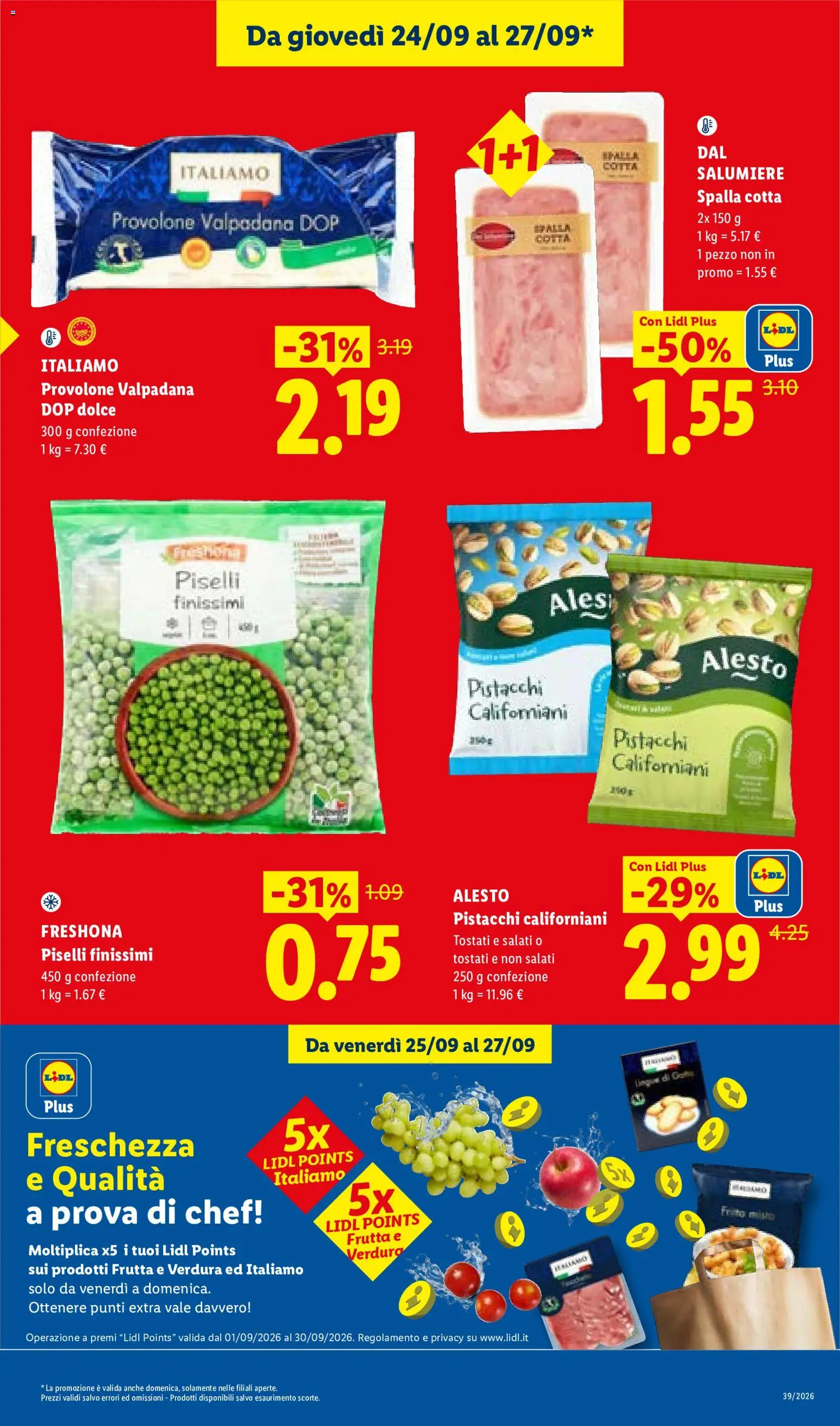 Volantino Lidl del 24/09/2026 | Pagina: 3 | Prodotti: Provolone, Spalla, Piselli, Pistacchi