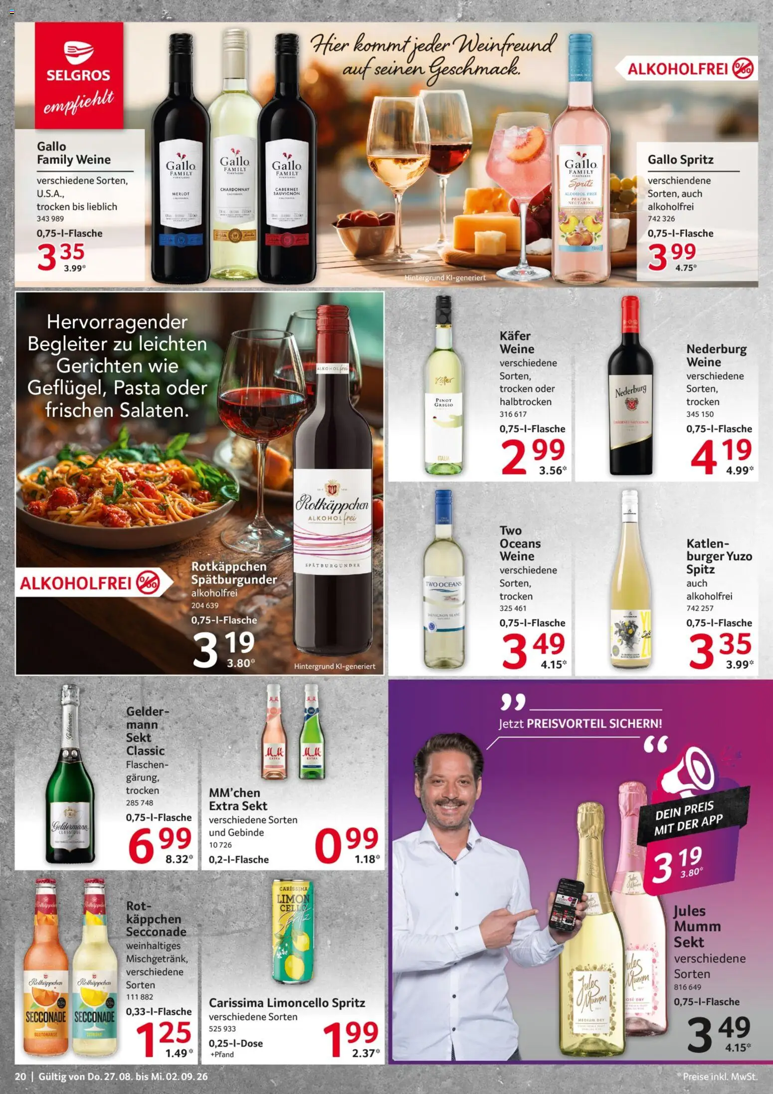 Selgros Prospekt – gültig ab 27.08.2026 | Seite: 20 | Produkte: Sekt, Merlot, Burger, Limoncello