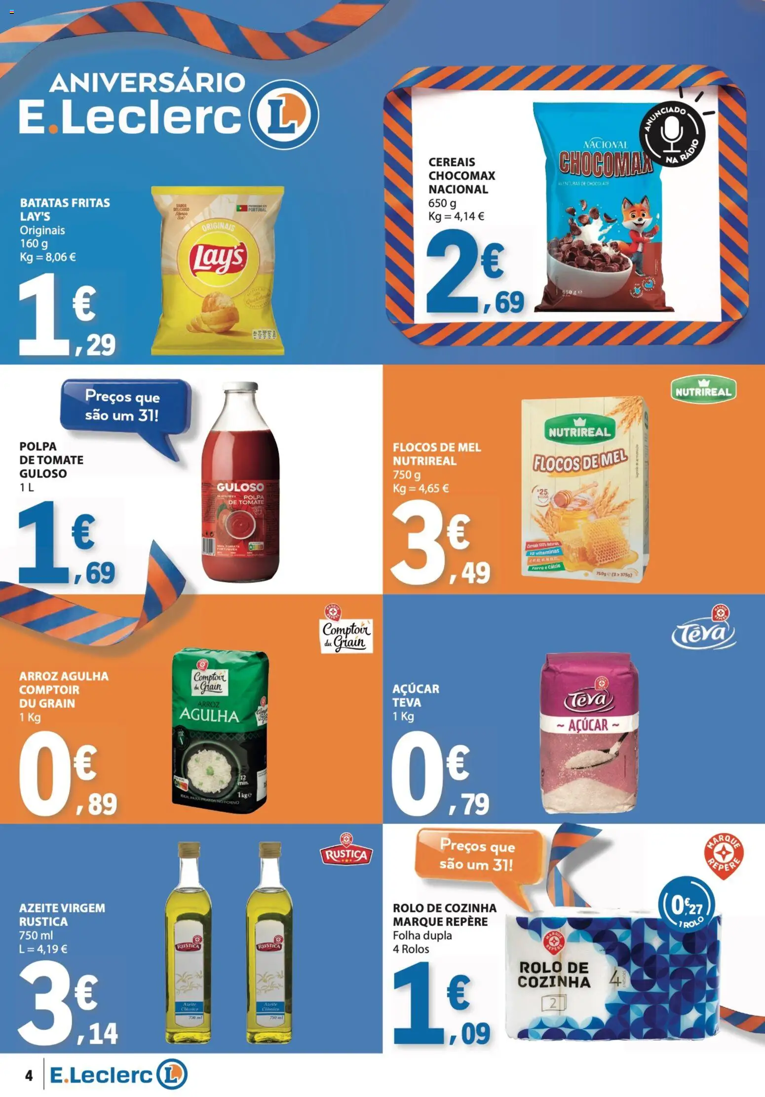 E.Leclerc folheto │ válido de 29/10/2026 | Página: 4 | Produtos: Azeite, Cálcio, Arroz, Tomate