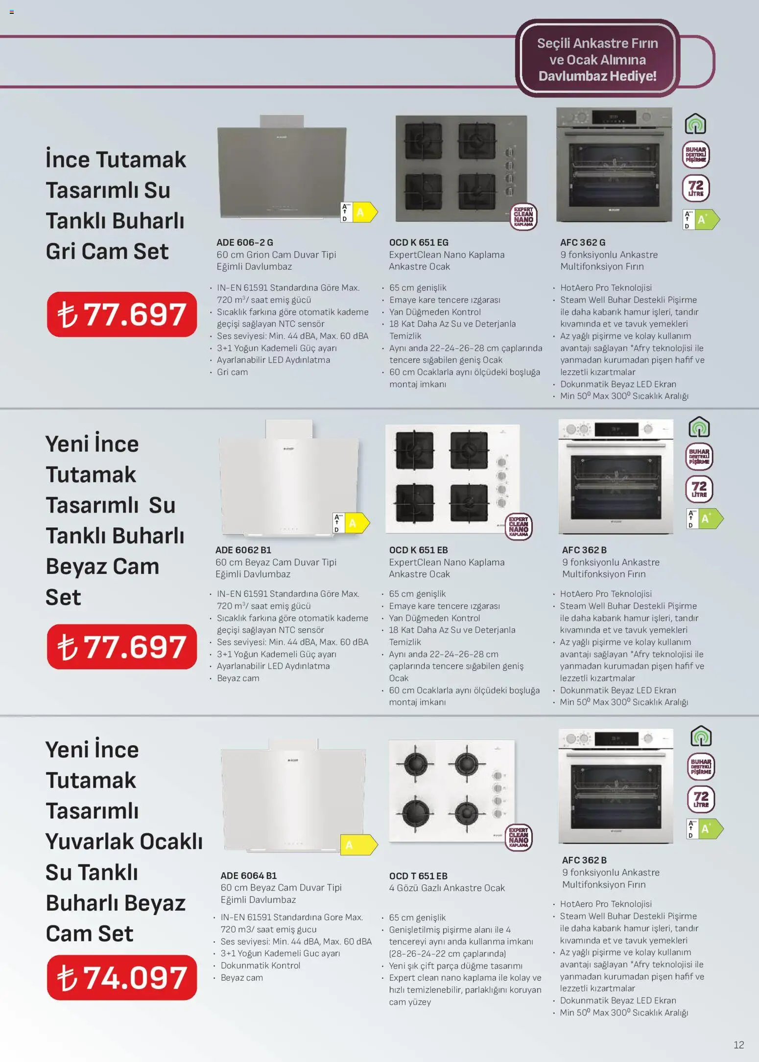 Arçelik - Ankastre Kataloğu - 01 Eylül 2026 tarihinden itibaren geçerlidir | Sayfa: 12 | Ürünler: Davlumbaz, Saat, Fırın, Ocak
