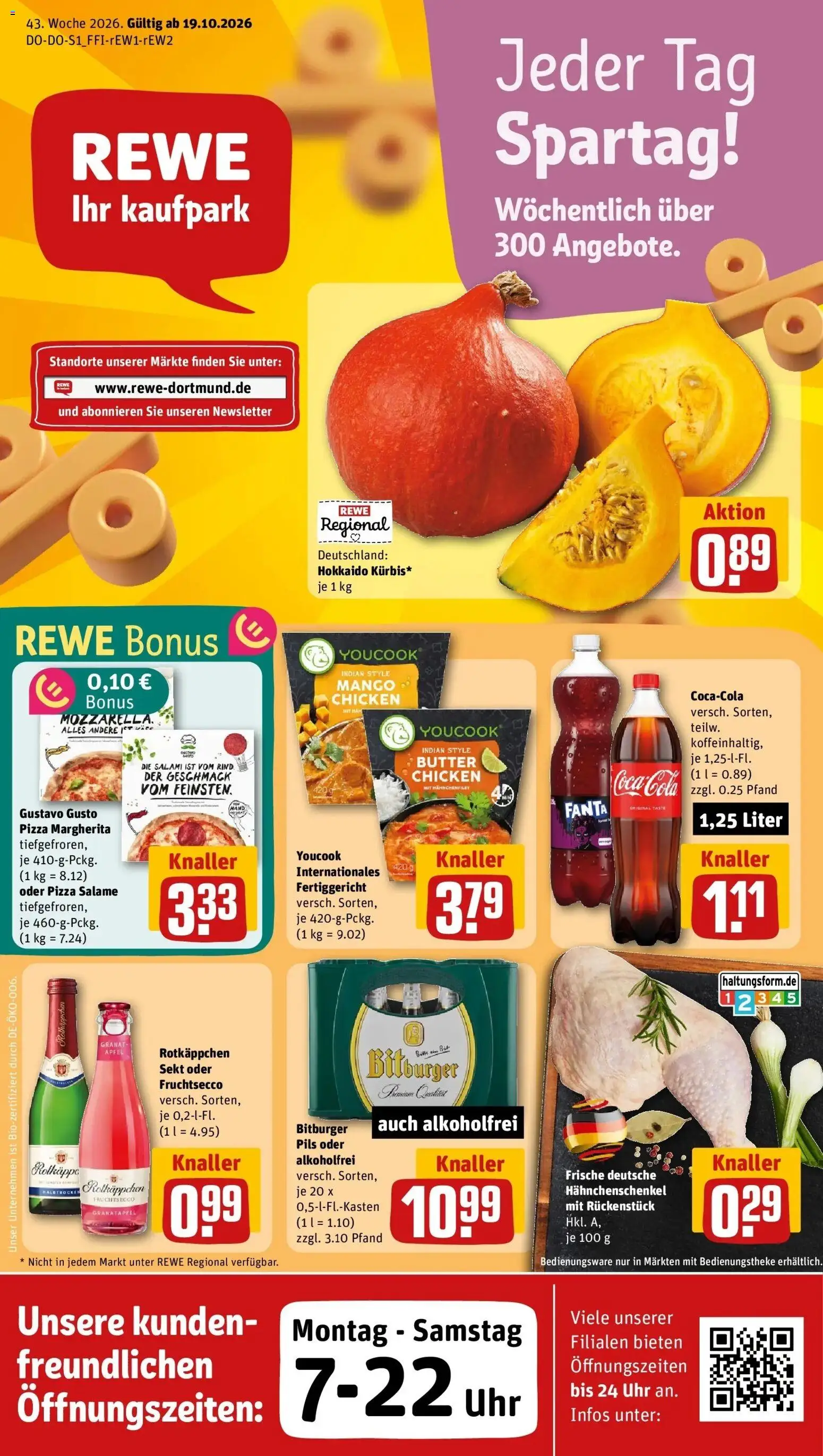 REWE Prospekt ab 19.10.2026 zum Blättern » Angebote | Seite: 1 | Produkte: Gustavo gusto, Hahnchenschenkel, Pils, Äpfel