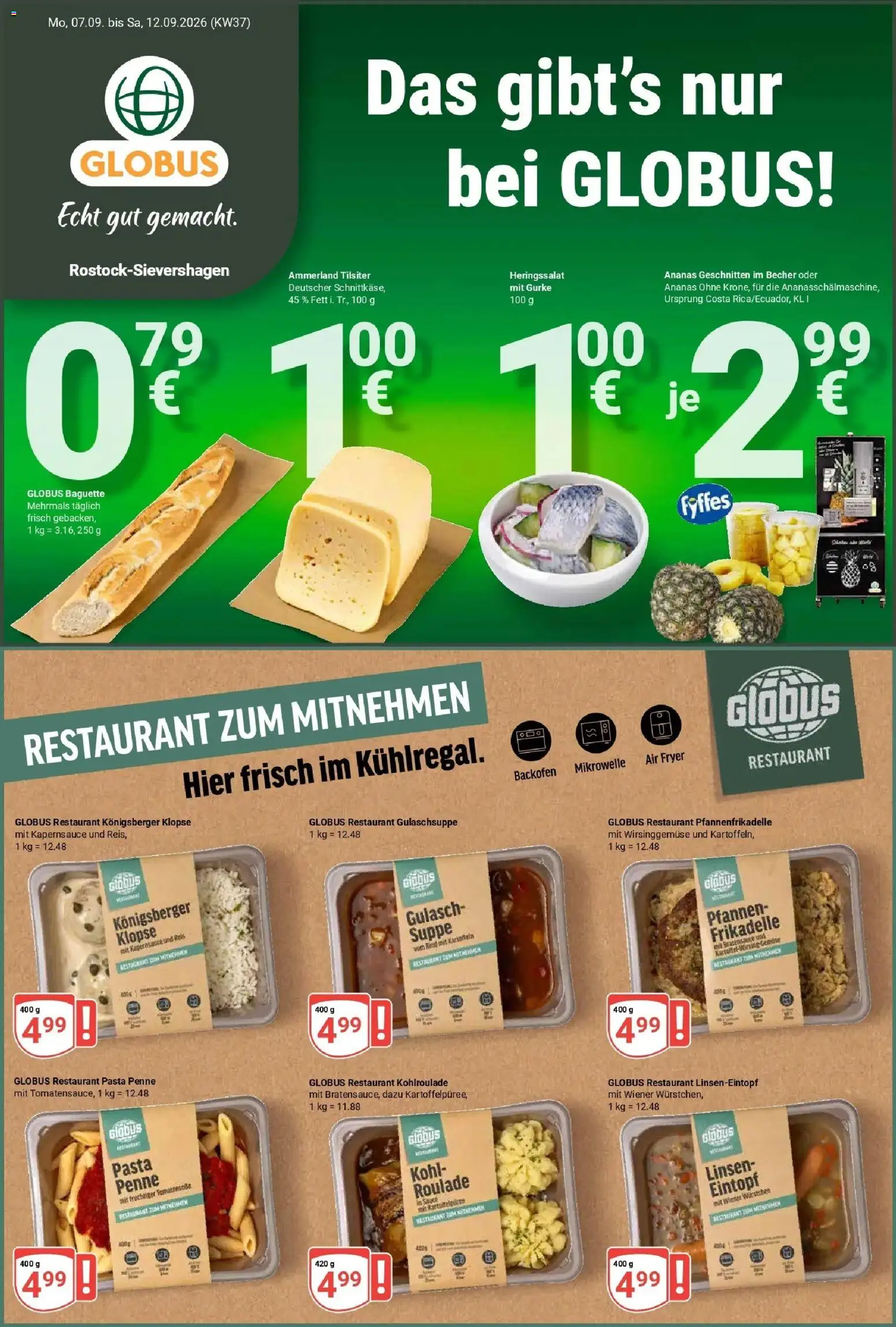 Globus Prospekt Lambrechtshagen (ab 07.09.2026) » Angebote online | Seite: 1 | Produkte: Baguette, Ananas, Gulasch, Pasta