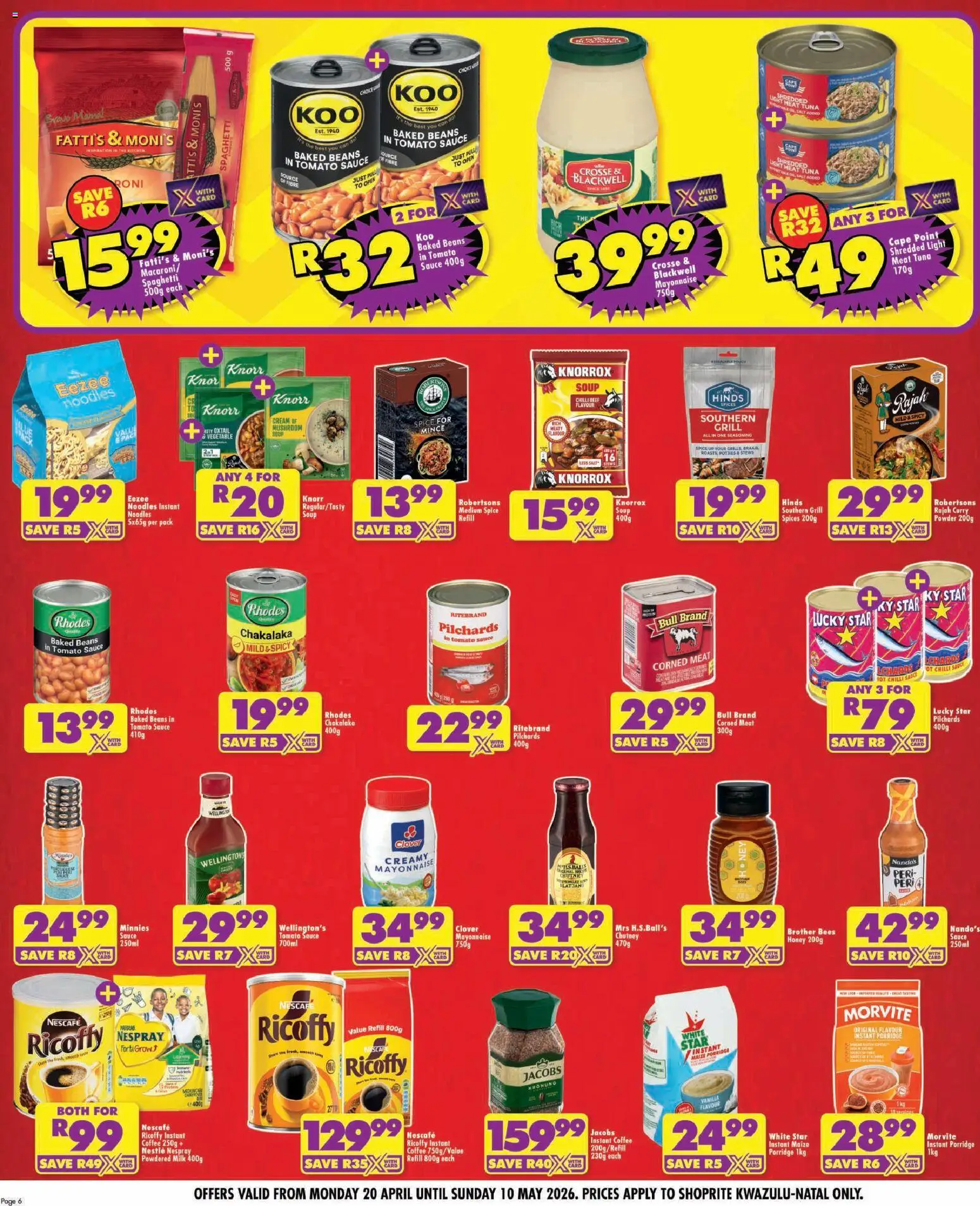 New Shoprite catalogue – valid from 20.04.2026 | Page: 6 | Products: Tuna, Baked beans, Noodles, Cream