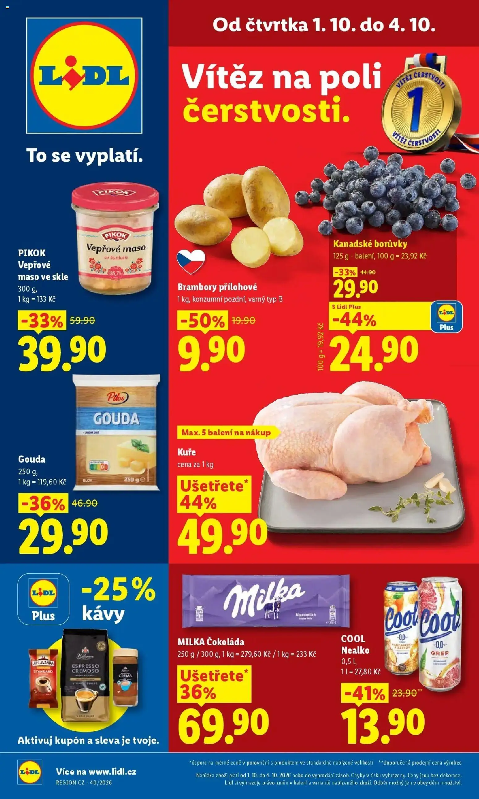 Lidl leták od 01.10.2026 - Nový akční leták | Strana: 1 | Produkty: Gouda, Milka, Borůvky, Jihlavanka