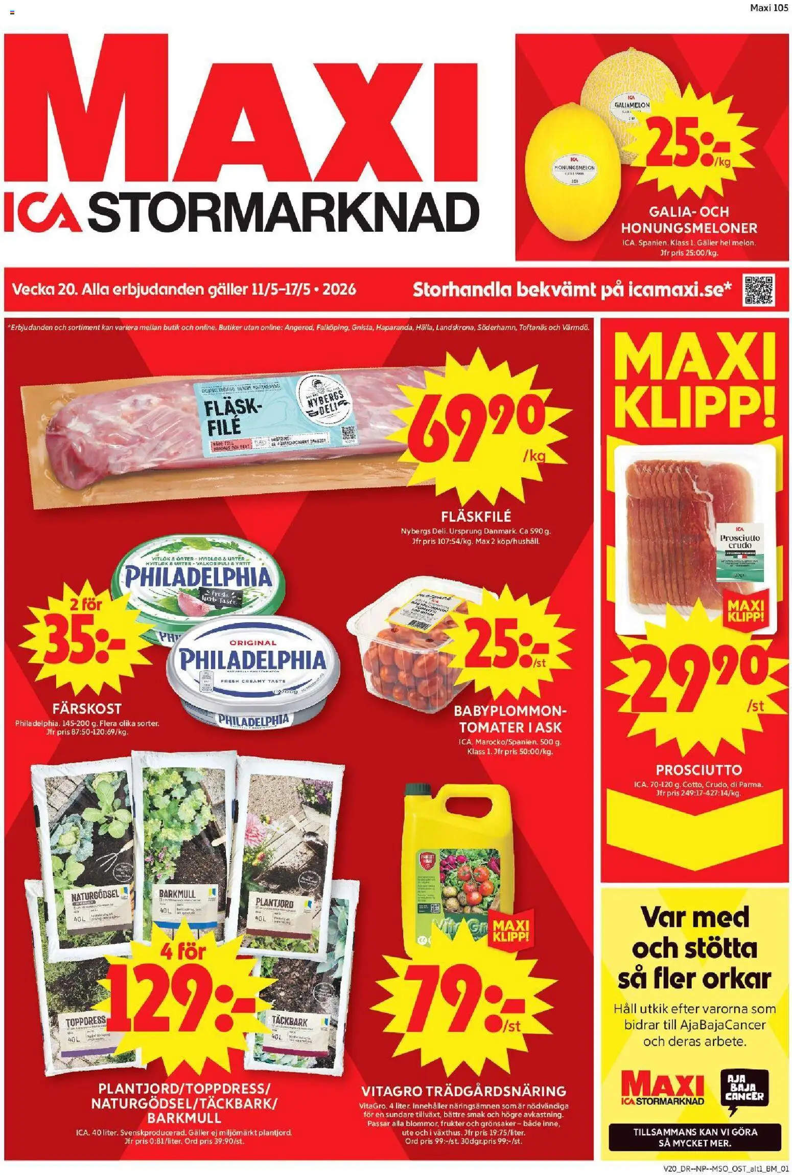 ICA Maxi reklamblad aktuell från 11.05.2026 | Sida: 1 | Produkter: Honungsmelon, Täckbark, Fläsk, Häll