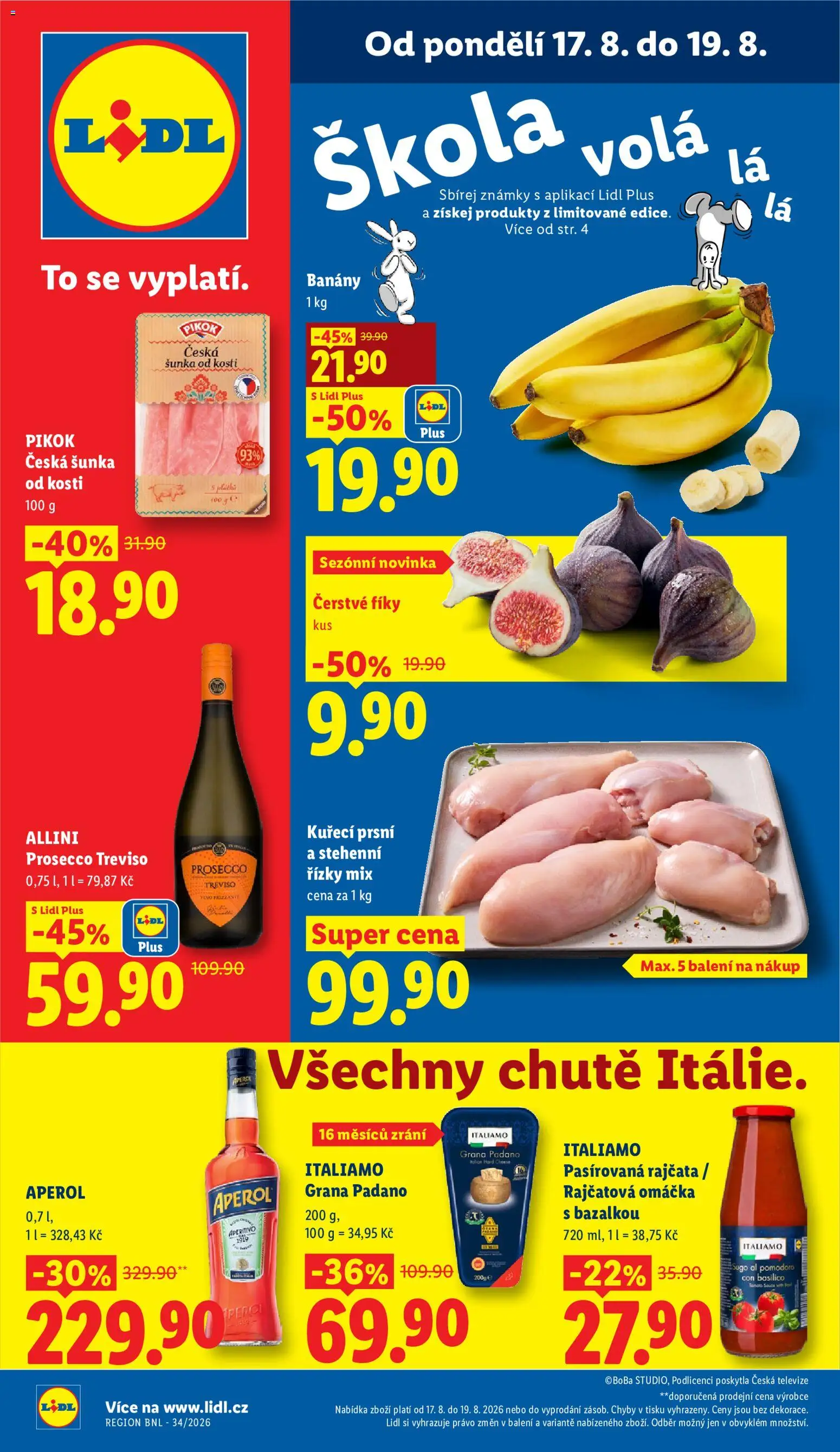 Lidl leták od 17.08.2026 | Strana: 1 | Produkty: Pasírovaná rajčata, Prosecco, Rajčatová omáčka, Stehenní řízky