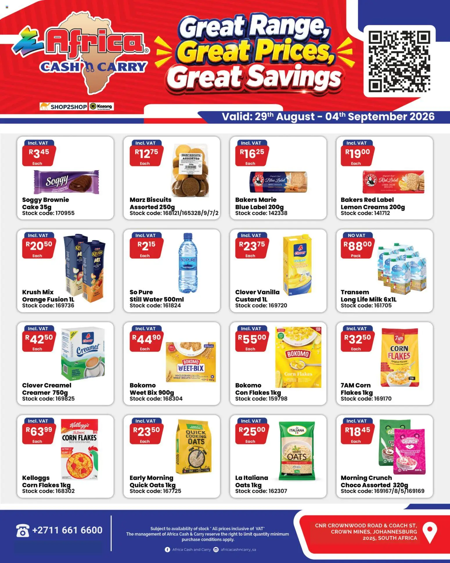 New Africa Cash & Carry catalogue – valid from 29/08/2026 | Page: 1 | Products: Cake, Corn, Milk, Lemon
