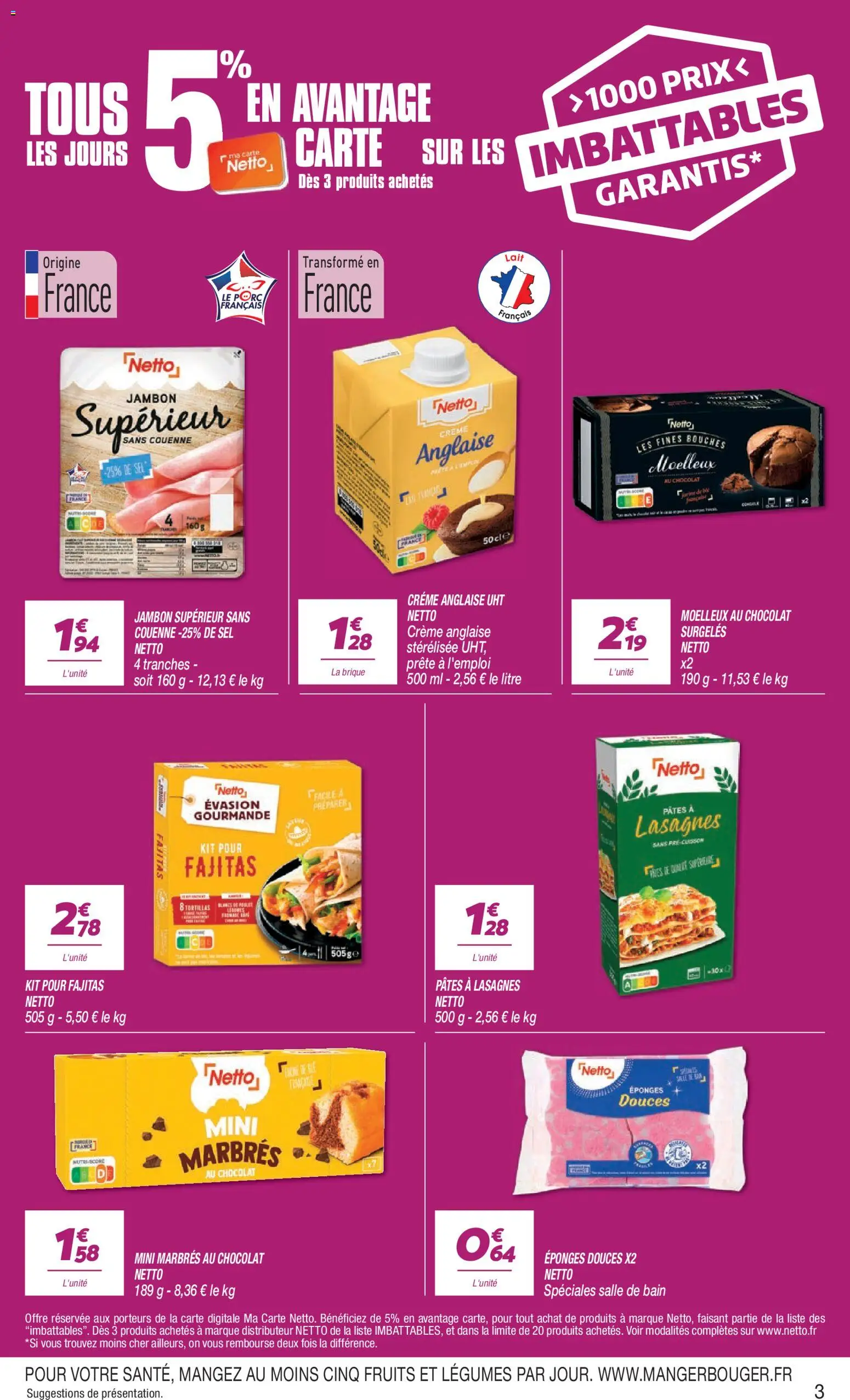 {H1} | Page: 3 | Produits: Crème anglaise, Éponges, Lait, Jambon