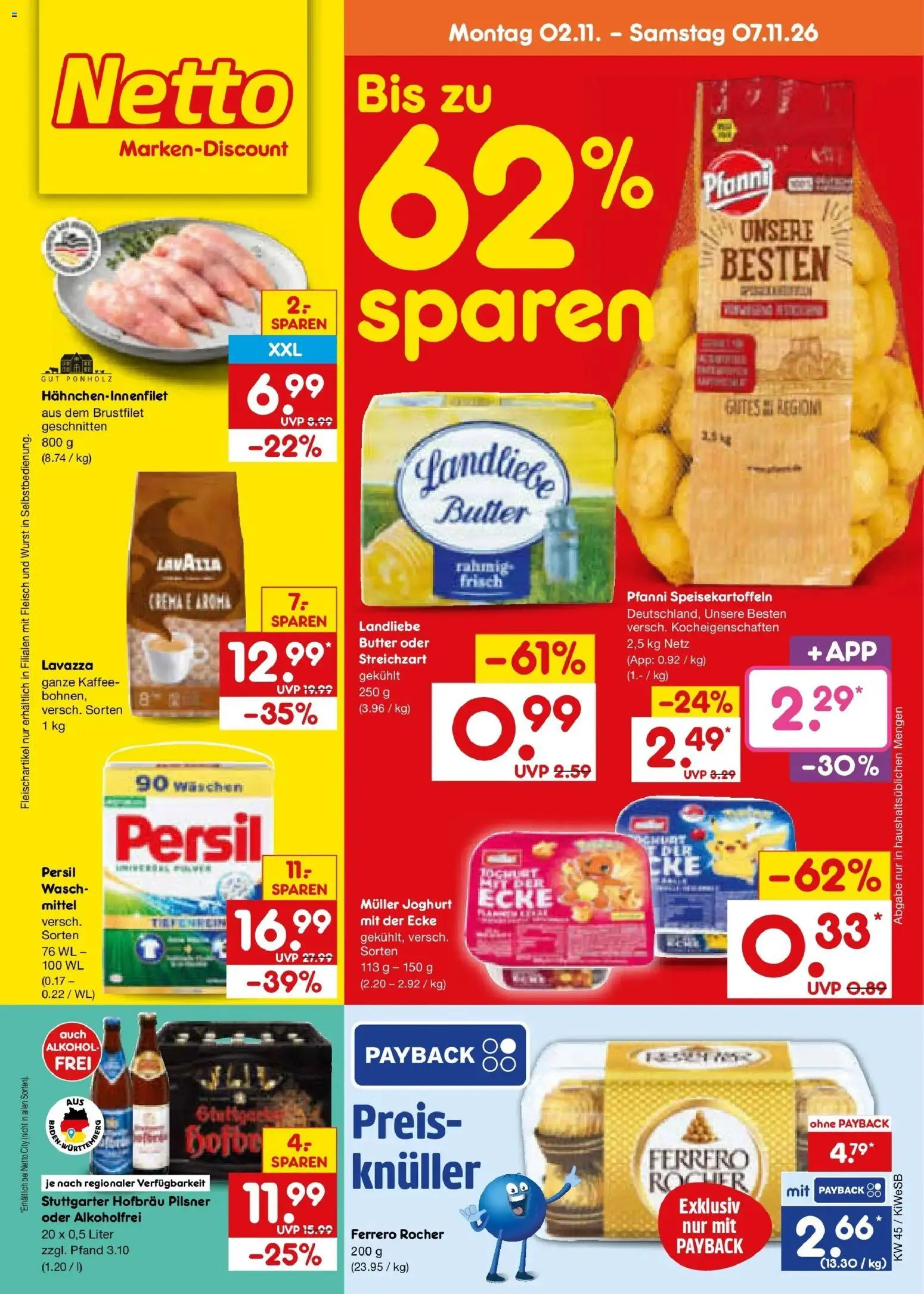 Netto Marken-Discount Prospekt Bad Friedrichshall – gültig ab 02.11.2026 | Seite: 1 | Produkte: Ferrero rocher, Joghurt, Alkohol, Wurst