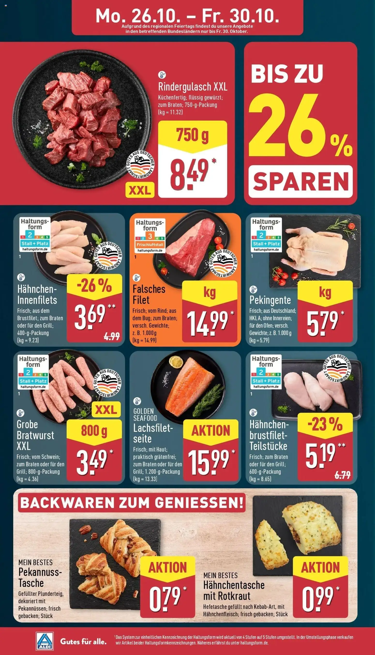 Aldi Aktueller Prospekt (ab 26.10.2026) » Angebote Online | Seite: 4 | Produkte: Tasche, Rindergulasch, Hahnchen, Bratwurst