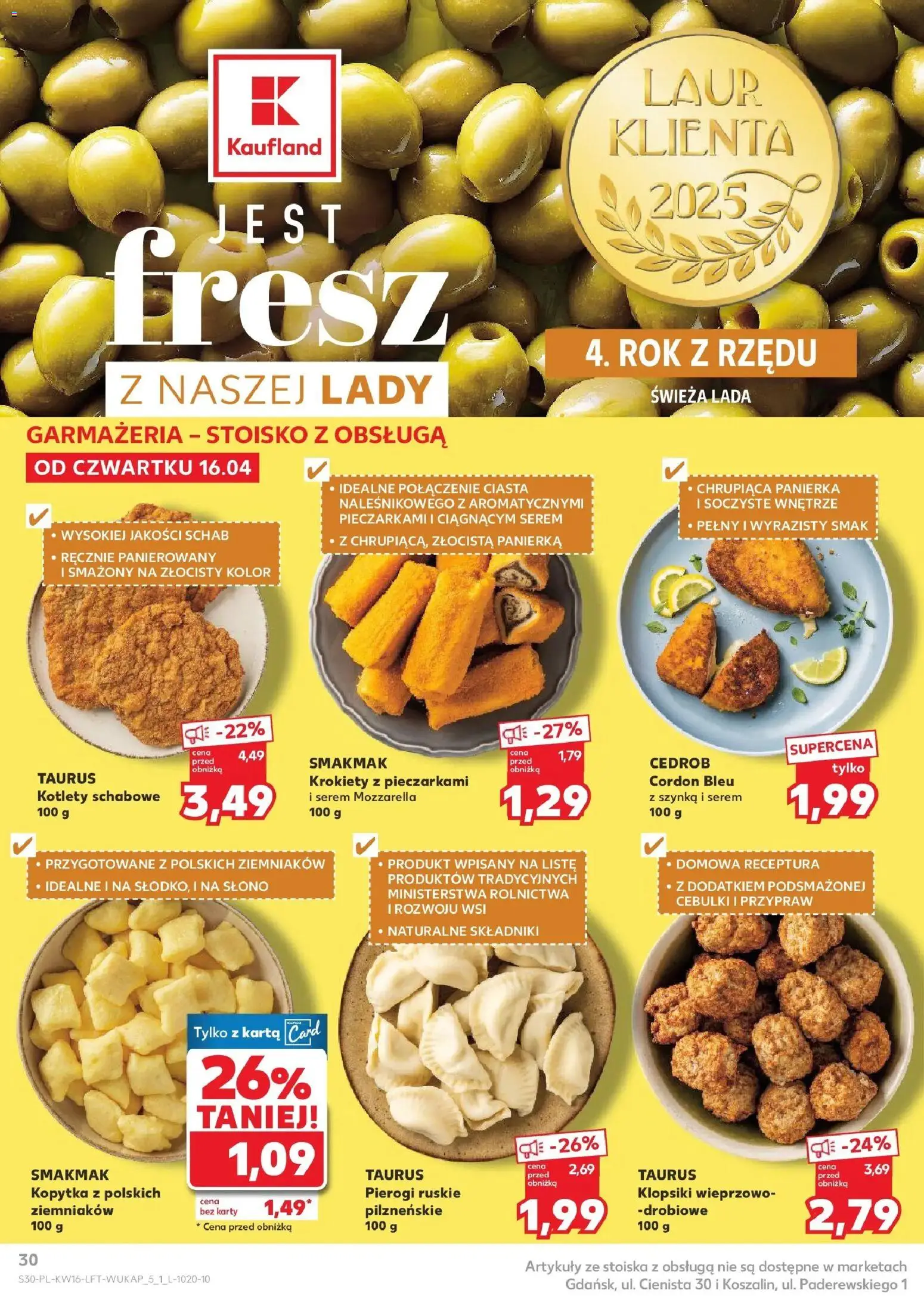 Kaufland gazetka od 16.04.2026 | Strona: 30 | Produkty: Schab, Krokiety, Mozzarella, Kotlety