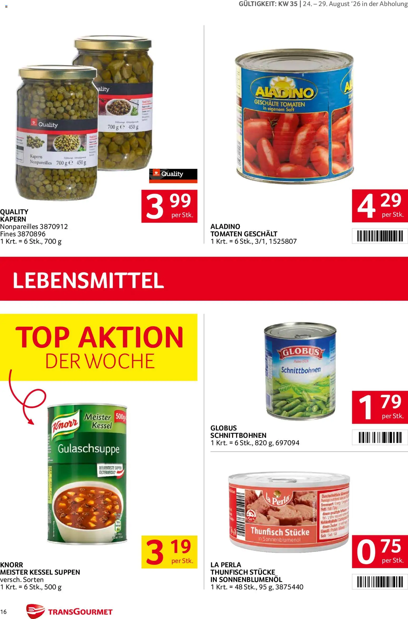 Transgourmet Flugblatt gültig ab 24.08.2026 | Seite: 16 | Produkte: Salz, Zucker, Saft, Tomaten