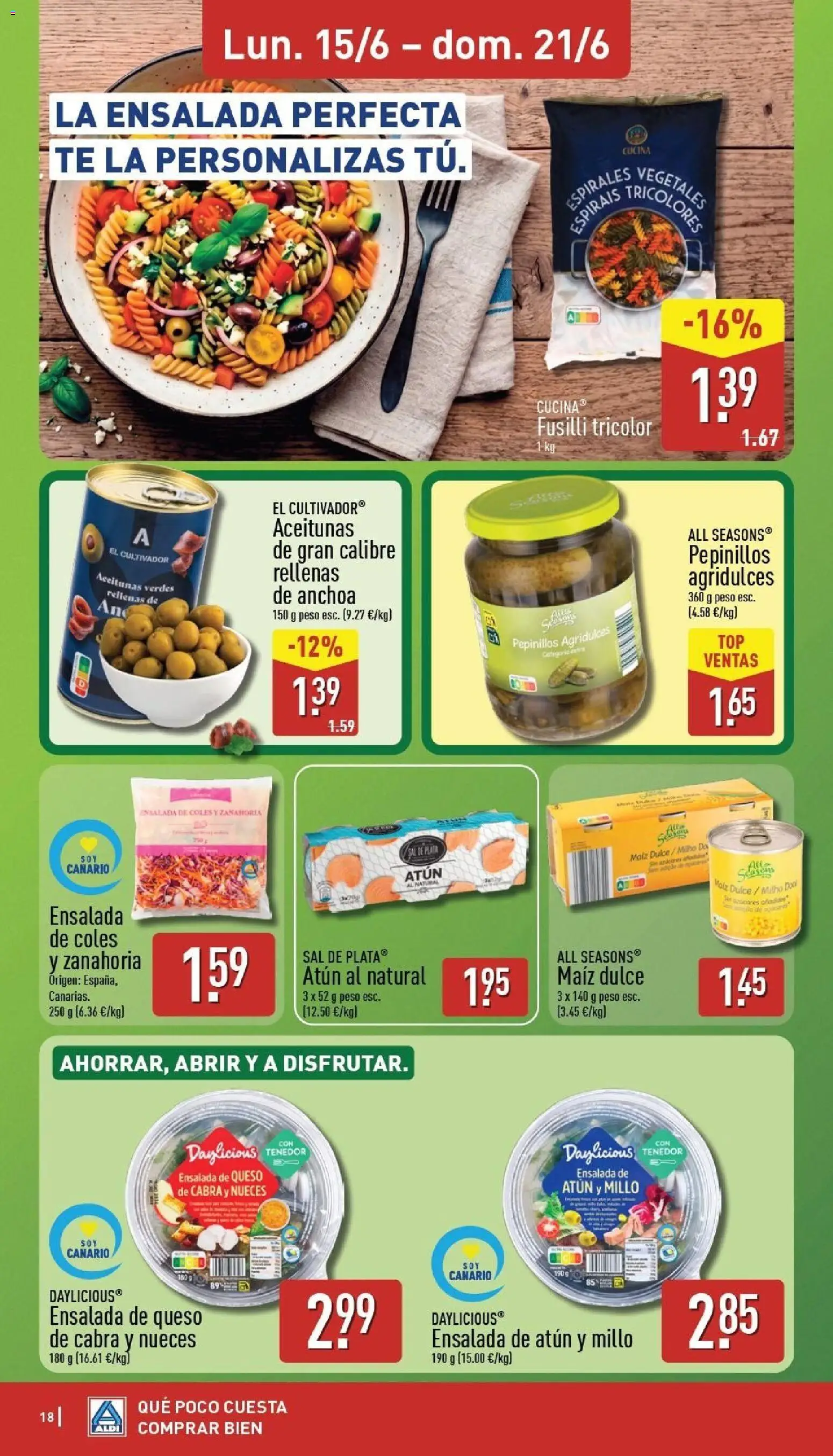 Aldi folleto Canarias │ válido desde el 15.06.2026 | Página: 18 | Productos: Queso, Pasta, Ensalada, Peso