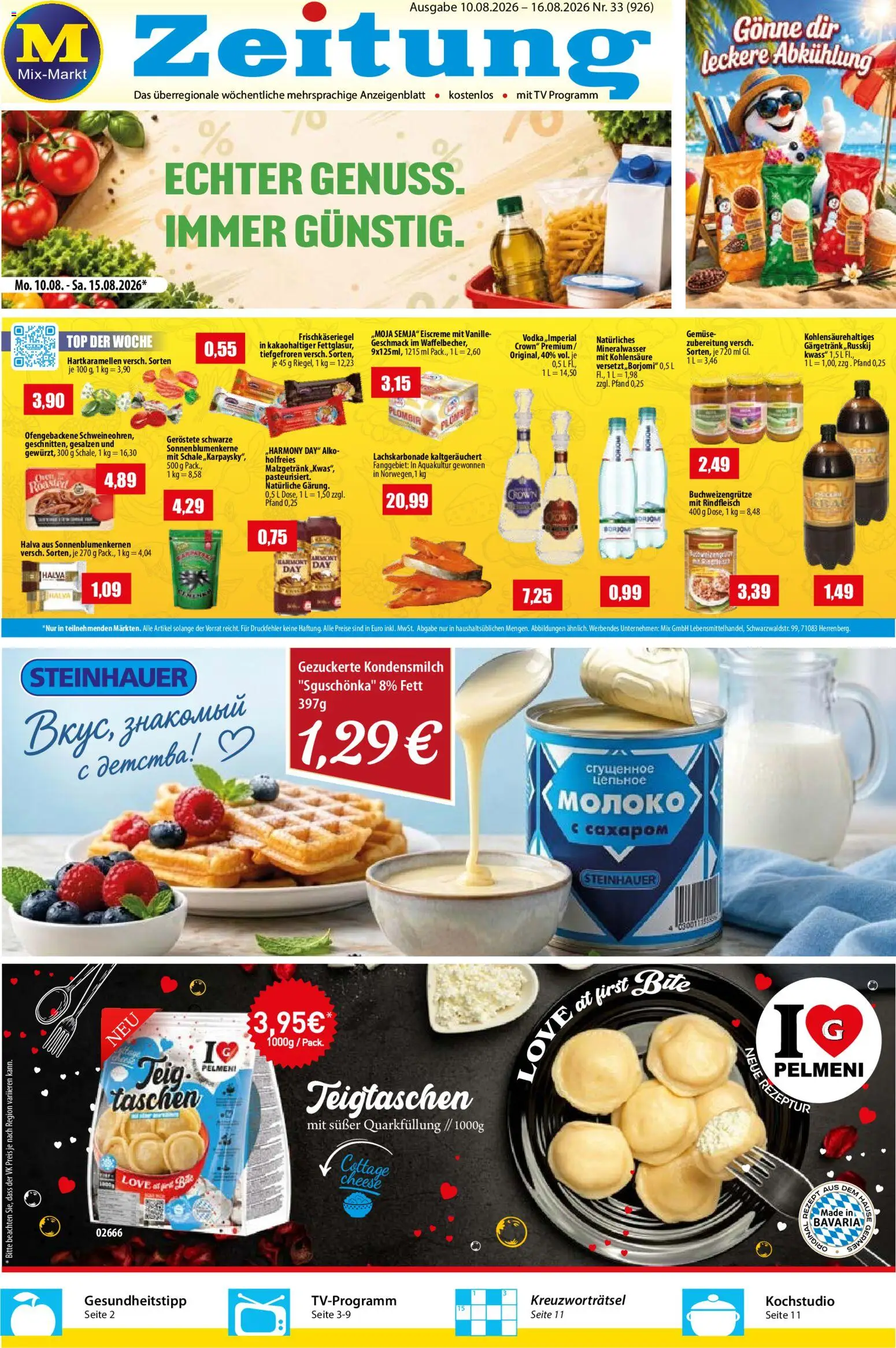 Mix Markt Prospekt – gültig ab 10.08.2026 | Seite: 1 | Produkte: Taschen, Eiscreme, Kondensmilch, Vodka
