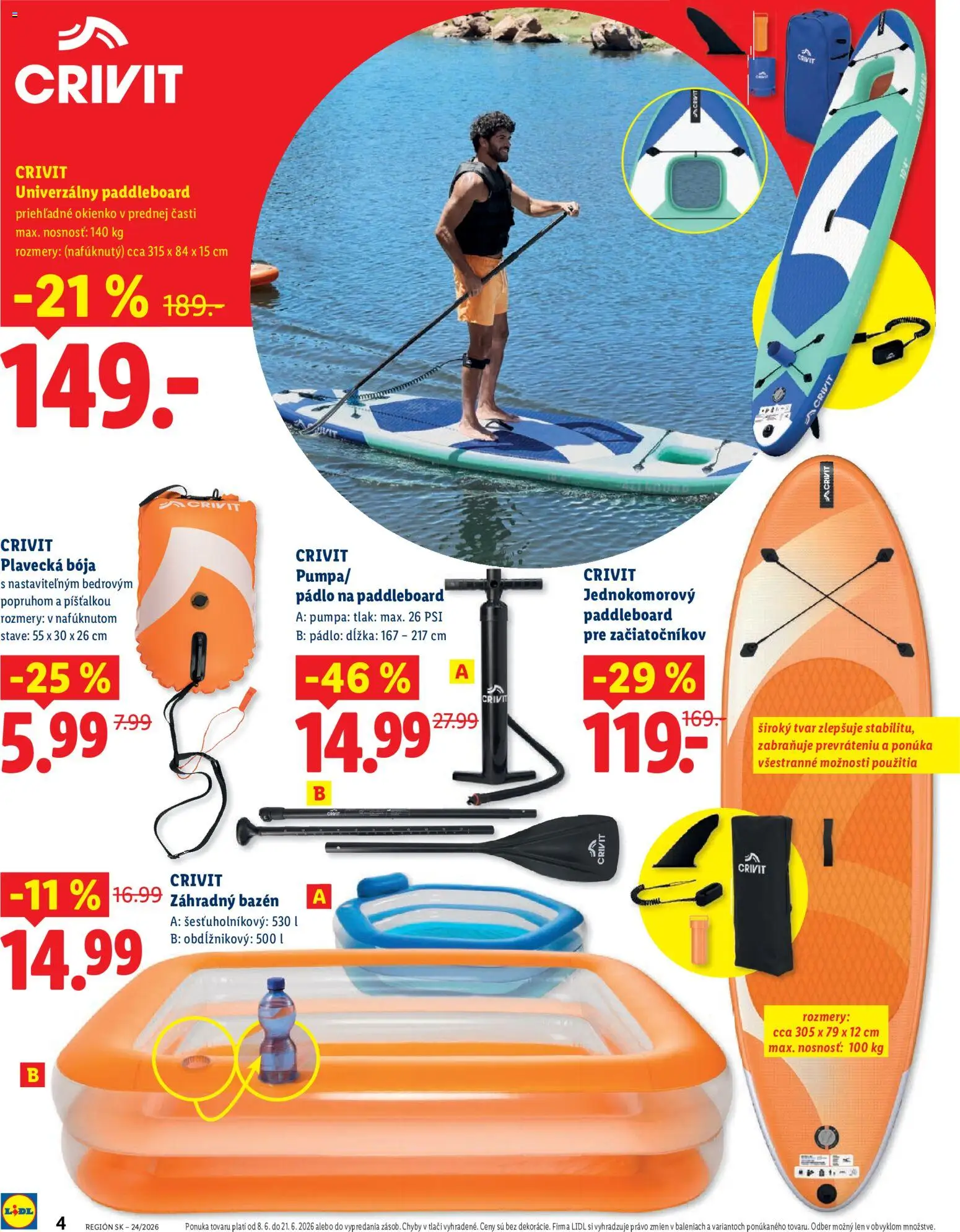 Nové Lidl akcie – leták je platný od 08.06.2026 | Strana: 4 | Produkty: Pumpa, Bazén, Paddleboard