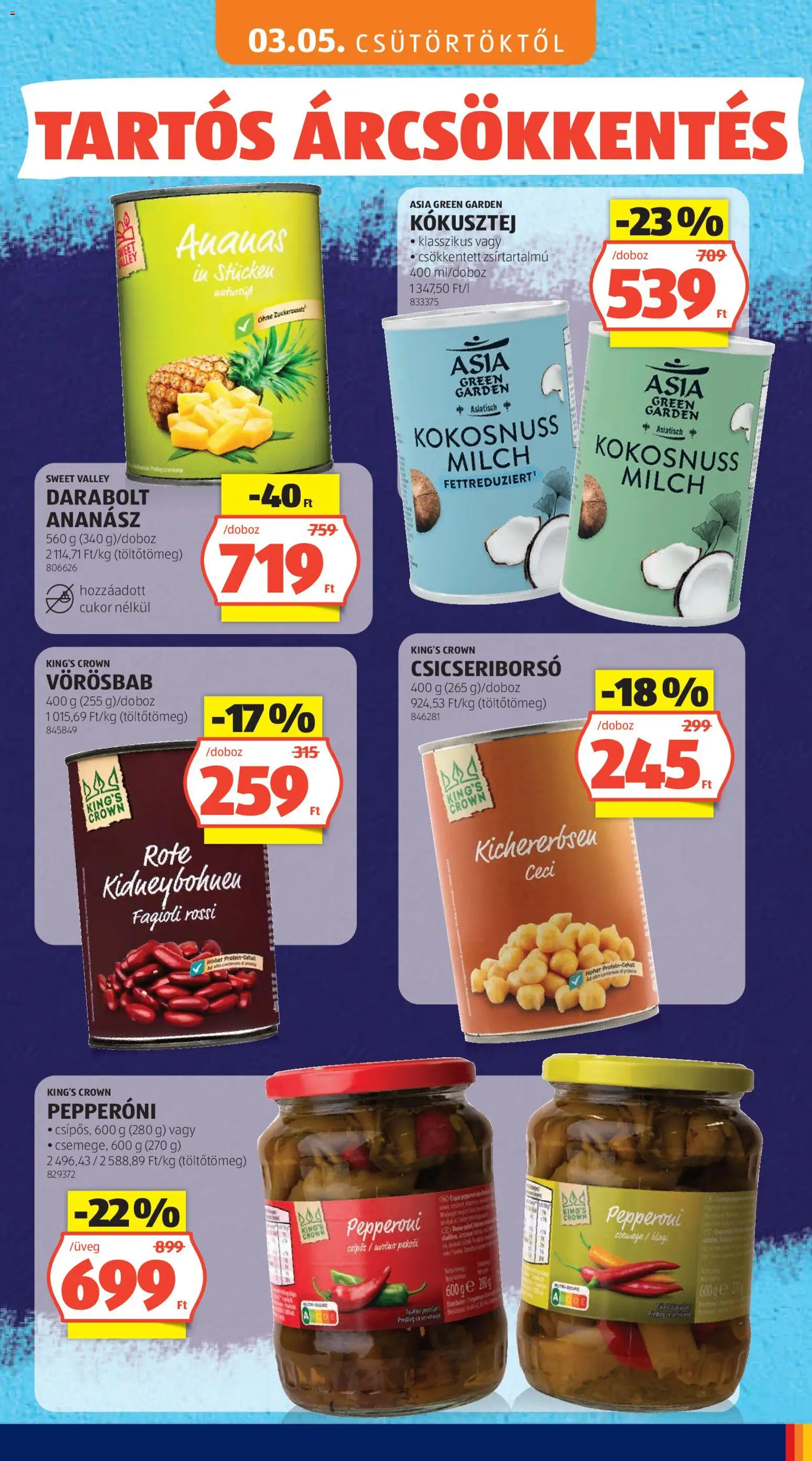 Aldi akciós ujság - amely érvényes a következő dátumtól: 03.05.2026 | Oldal: 15 | Termékek: Csicseriborsó, Kókusztej, Ananász, Cukor