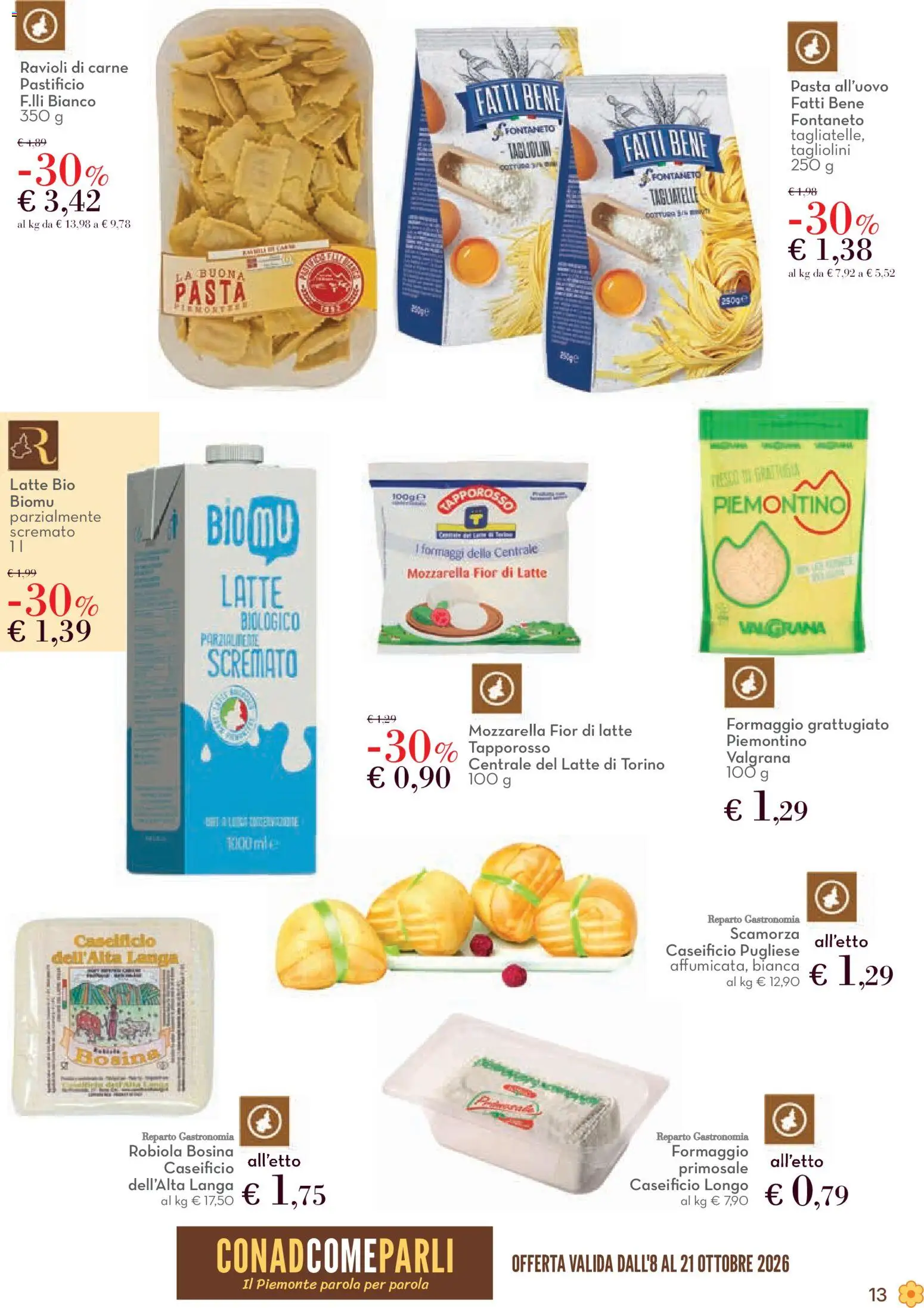 Volantino Conad del 08/10/2026 | Pagina: 13 | Prodotti: Formaggio grattugiato, Pasta, Carne, Robiola