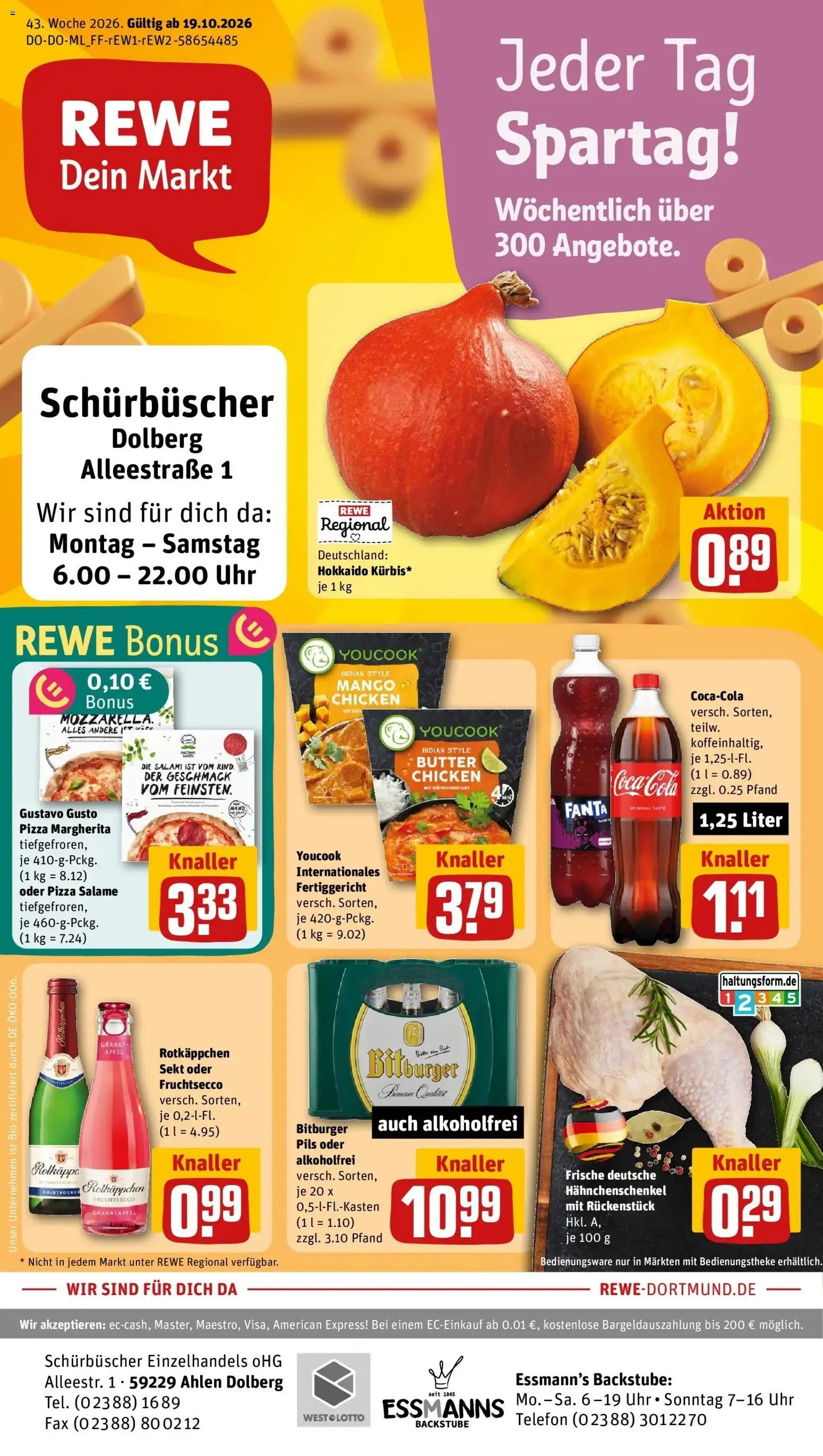 REWE Prospekt ab 19.10.2026 zum Blättern » Angebote | Seite: 1 | Produkte: Hahnchenschenkel, Butter, Pils, Telefon