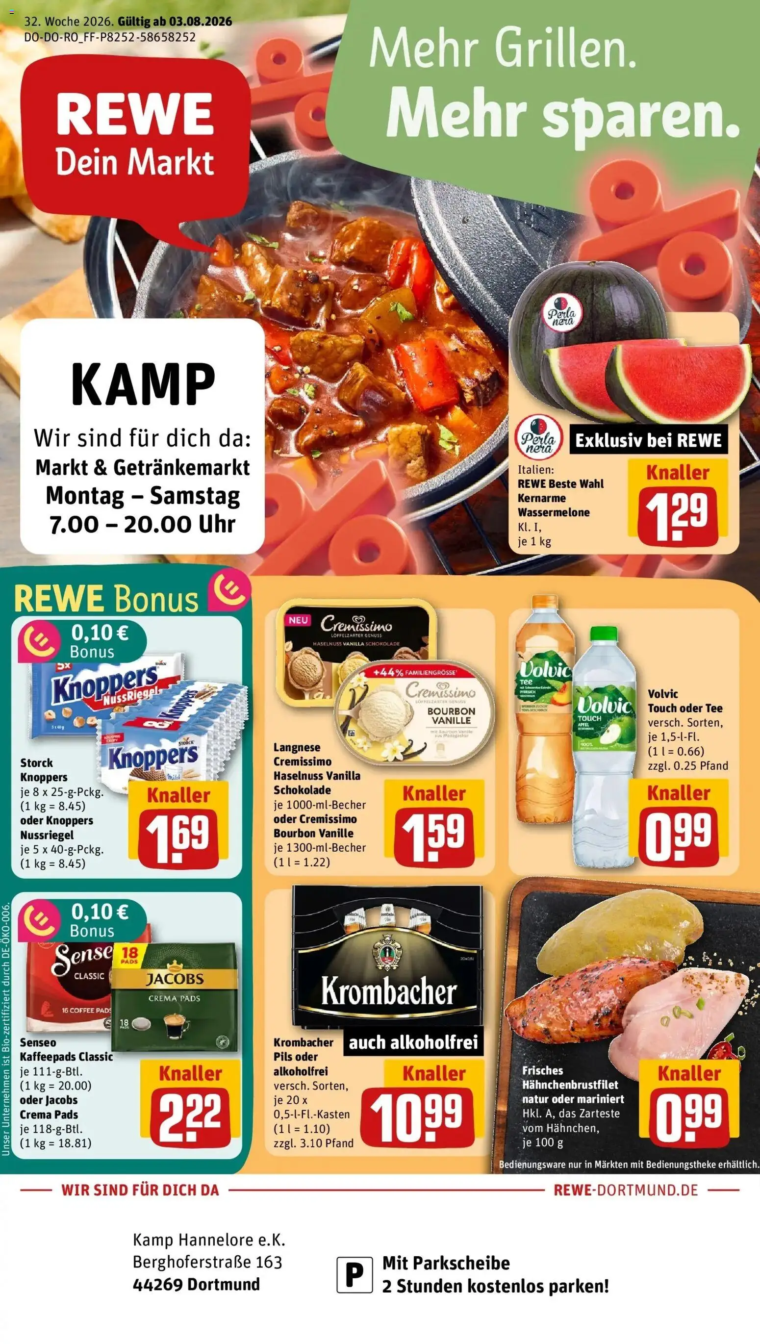 Rewe Prospekt Dortmund – gültig ab 03.08.2026 | Seite: 1 | Produkte: Senseo, Cremissimo, Pfirsich, Krombacher