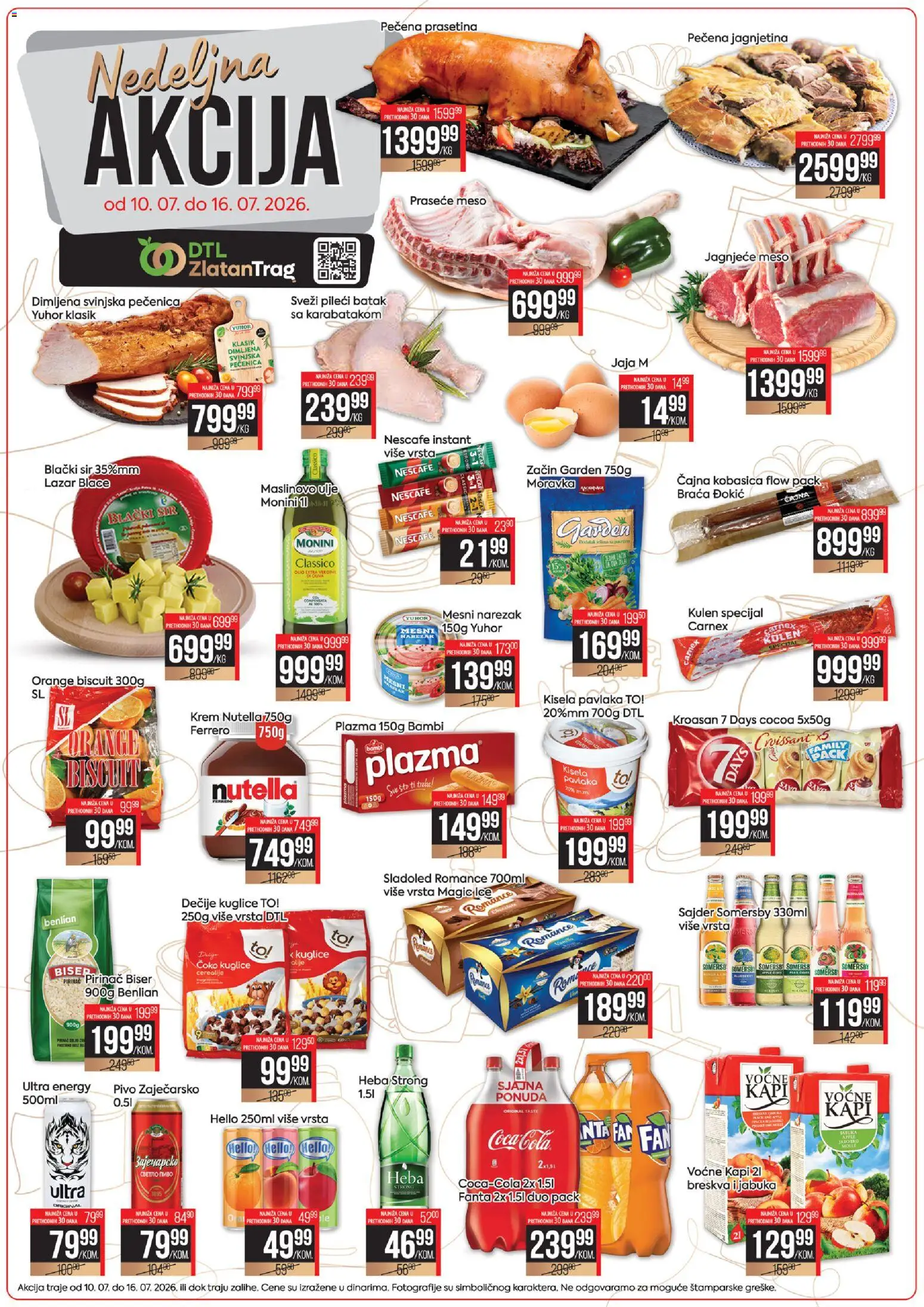 Zlatan Trag katalog - važi od 10.07.2026 | Strana: 1 | Proizvode: Coca Cola, Jaja, Kobasica, Pečenica