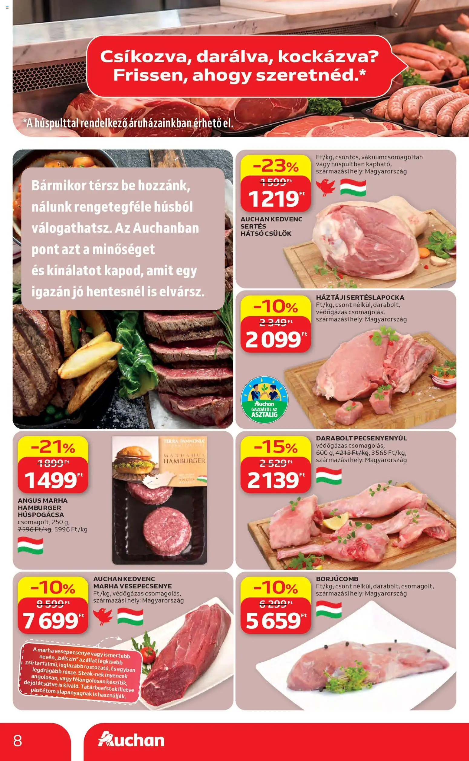 Auchan akciós ujság - amely érvényes a következő dátumtól: 07.05.2026 | Oldal: 8 | Termékek: Hamburger, Borjúcomb, Pástétom, Marhahús