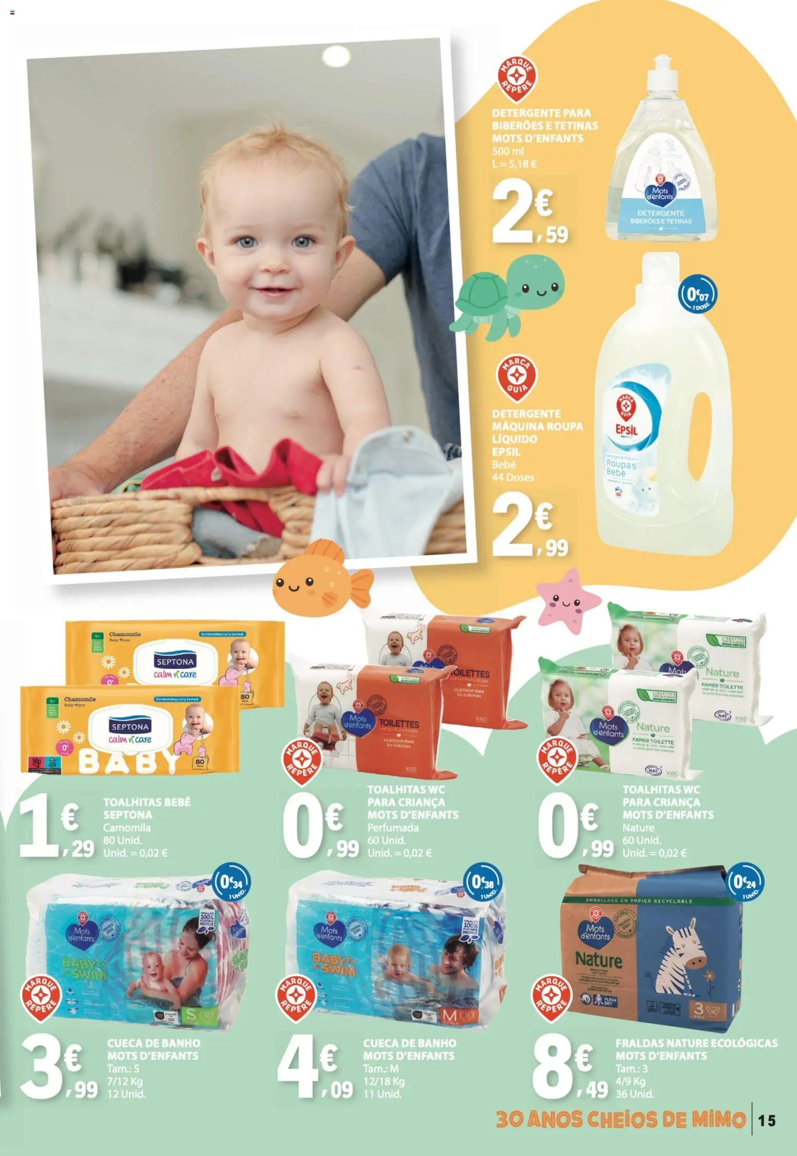 E.Leclerc Folheto Bebé Verão │ válido de 26.05.2026 | Página: 15 | Produtos: Fraldas, Detergente, Banho, Roupas