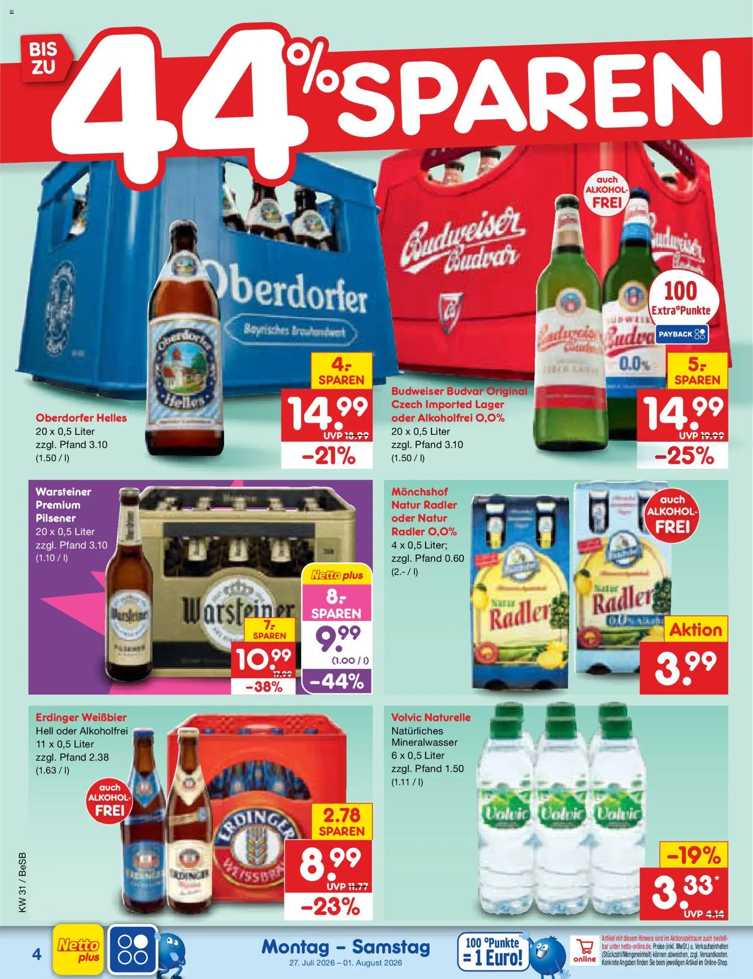Netto Marken-Discount Prospekt – gültig ab 27.07.2026 | Seite: 4 | Produkte: Weißbier, Mineralwasser, Warsteiner, Budweiser