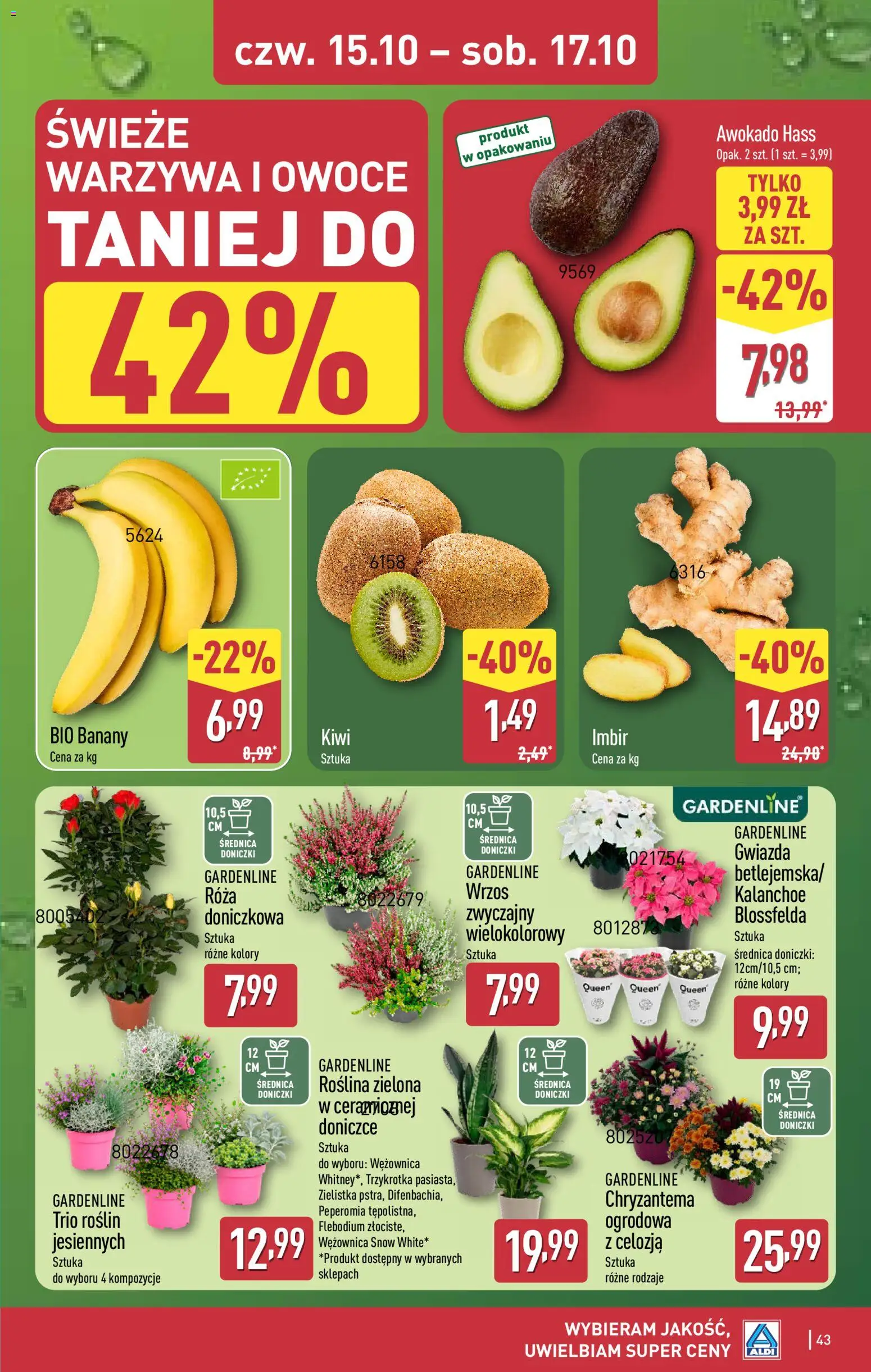 Aldi gazetka od 12.10.2026 | Strona: 43 | Produkty: Awokado Hass, Doniczki, Kiwi, Owoce