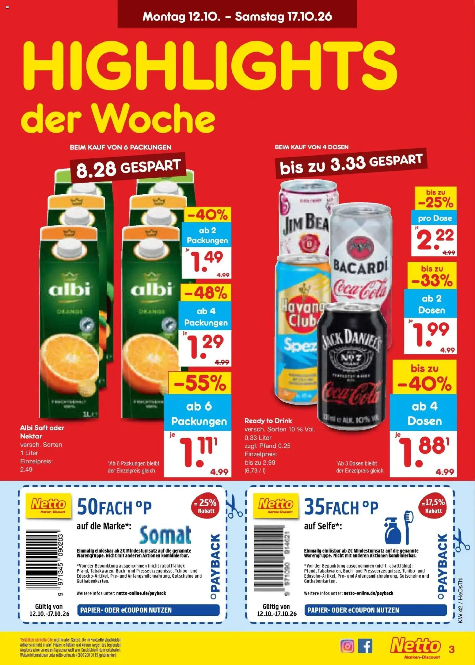 Netto Marken-Discount Prospekt Thiendorf – gültig ab 12.10.2026 | Seite: 3 | Produkte: Bacardi, Coca cola, Jack Daniel's, Seife