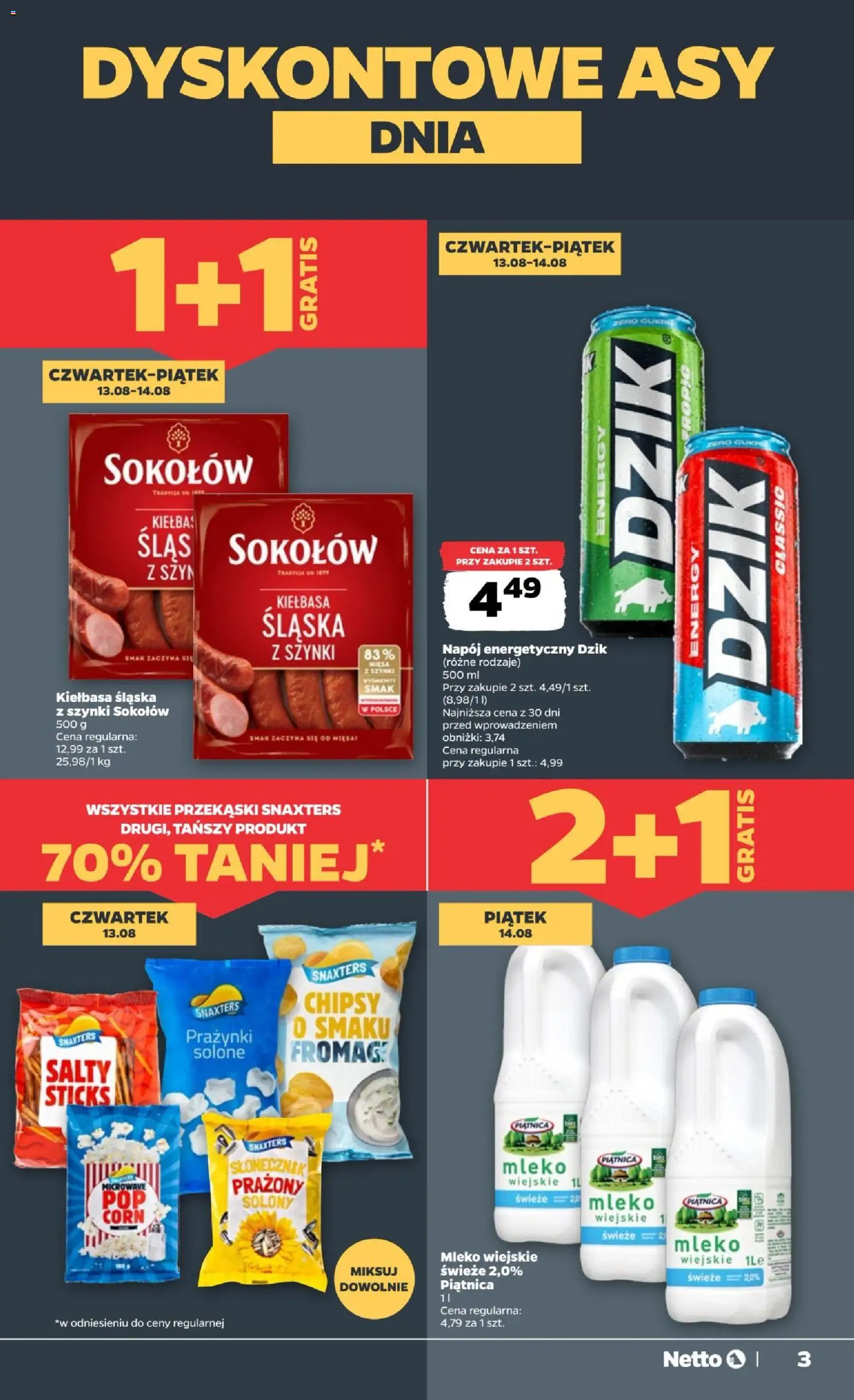 Netto gazetka od czwartku od 12.08.2026 | Strona: 3 | Produkty: Kiełbasa, Piątnica, Kiełbasa śląska, Popcorn