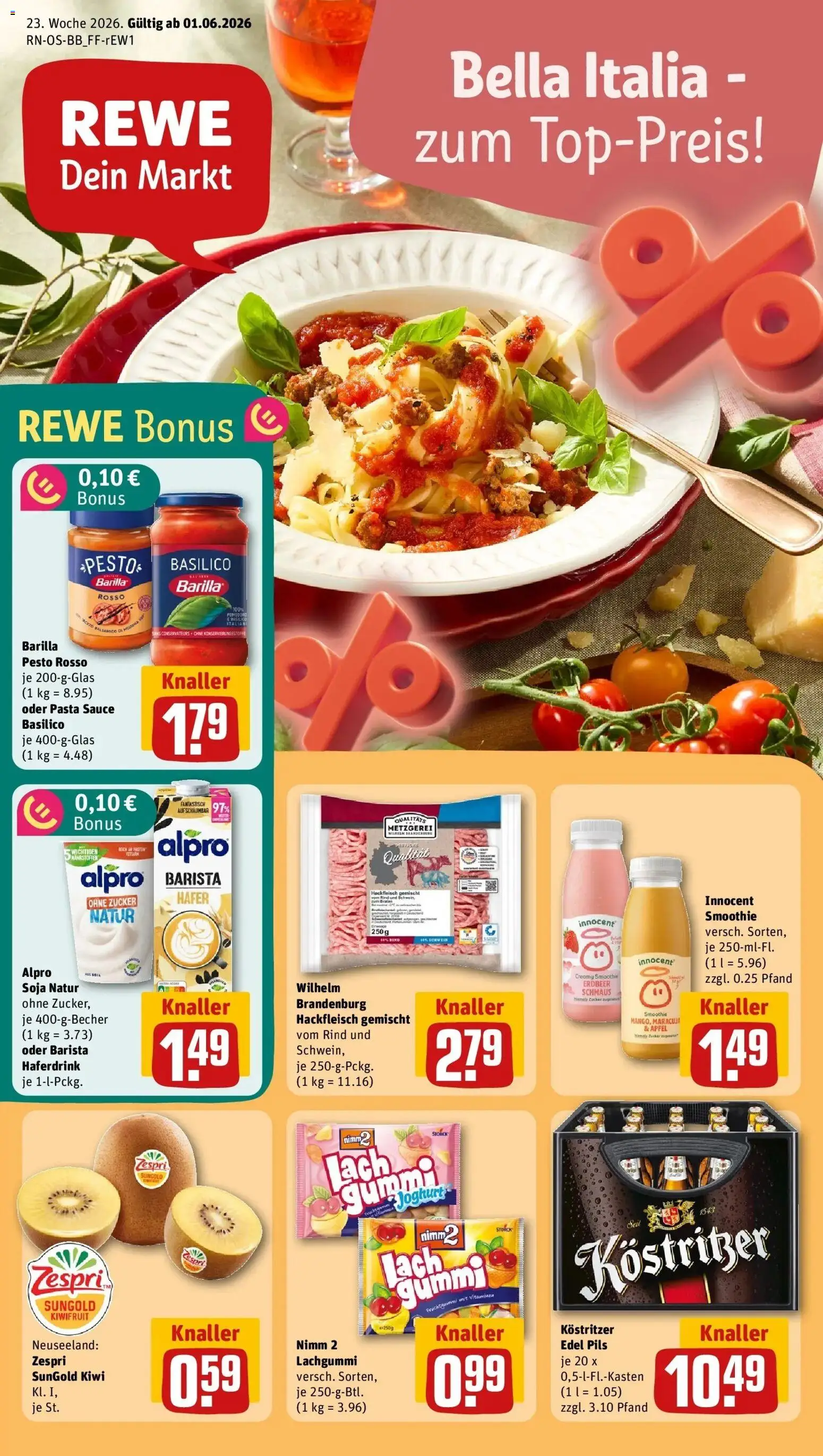 Rewe Prospekt Prenzlau – gültig ab 01.06.2026 | Seite: 1 | Produkte: Äpfel, Zucker, Pasta, Hackfleisch