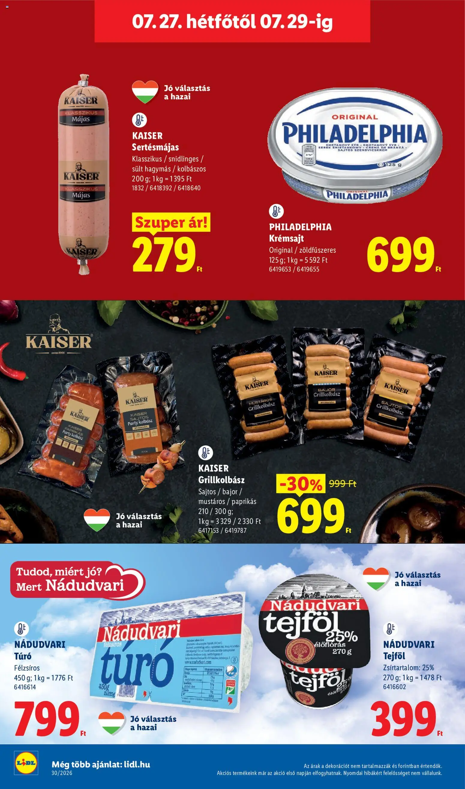 Lidl akciós ujság - amely érvényes a következő dátumtól: 2026.07.23. | Oldal: 62 | Termékek: Kolbász, Grillkolbász, Philadelphia krémsajt, Túró