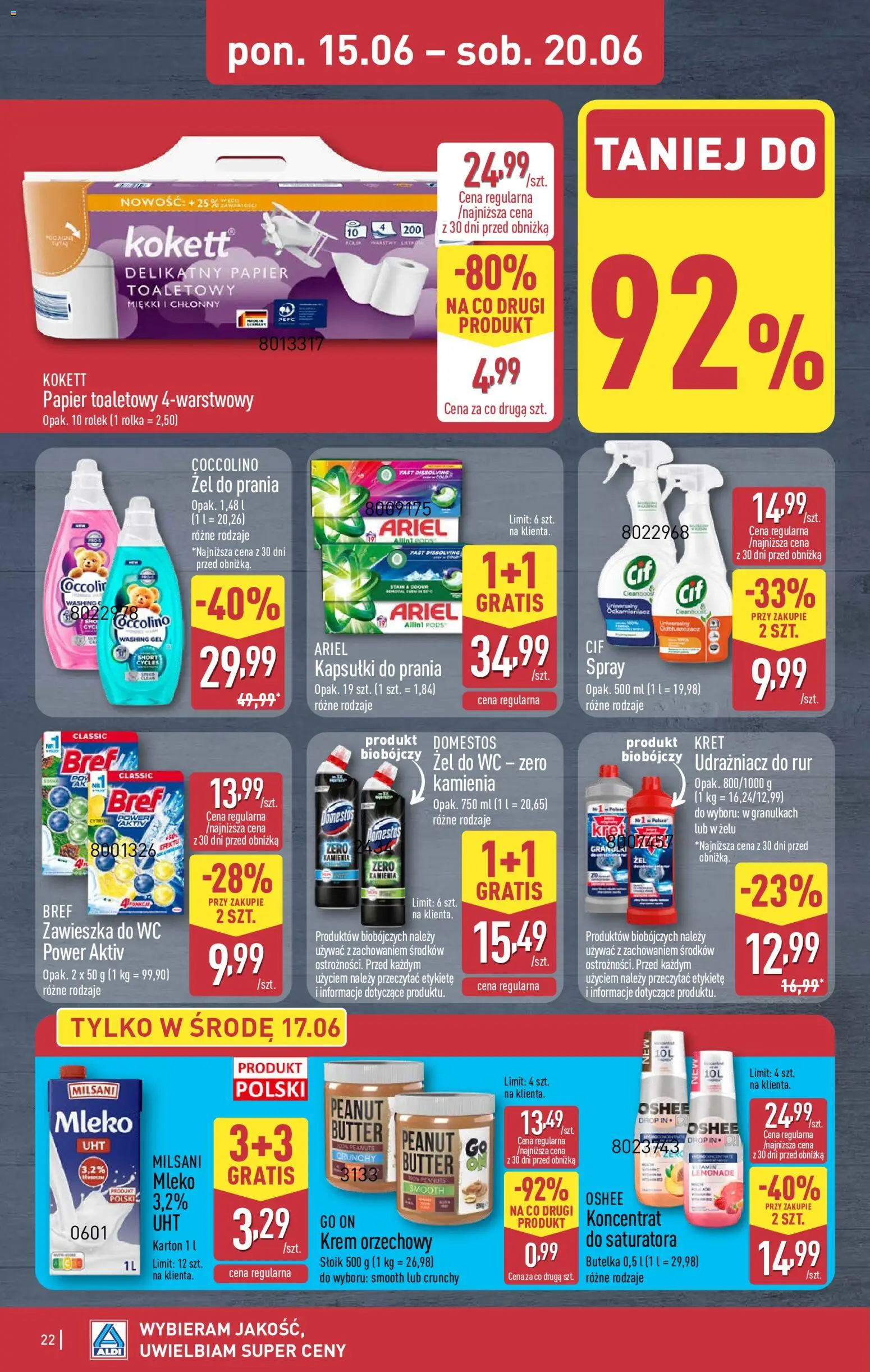 Aldi gazetka od 15.06.2026 | Strona: 22 | Produkty: Coccolino, Ariel, Domestos, Kapsułki do prania