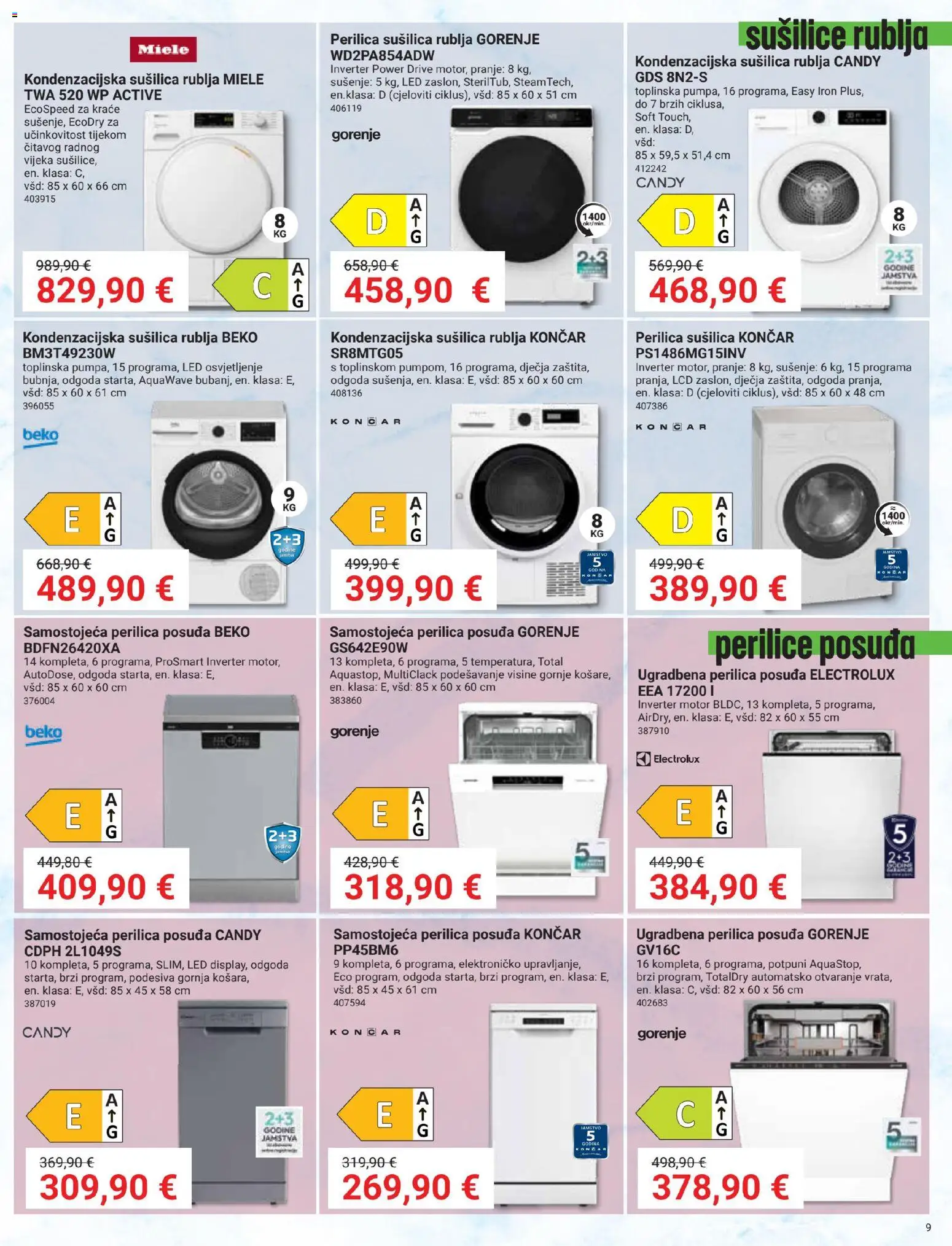 Pevex katalog | vrijedi od 27.08.2026 | Stranica: 9 | Proizvodi: Perilica posuđa, Led, Sušilica rublja, Sušilica