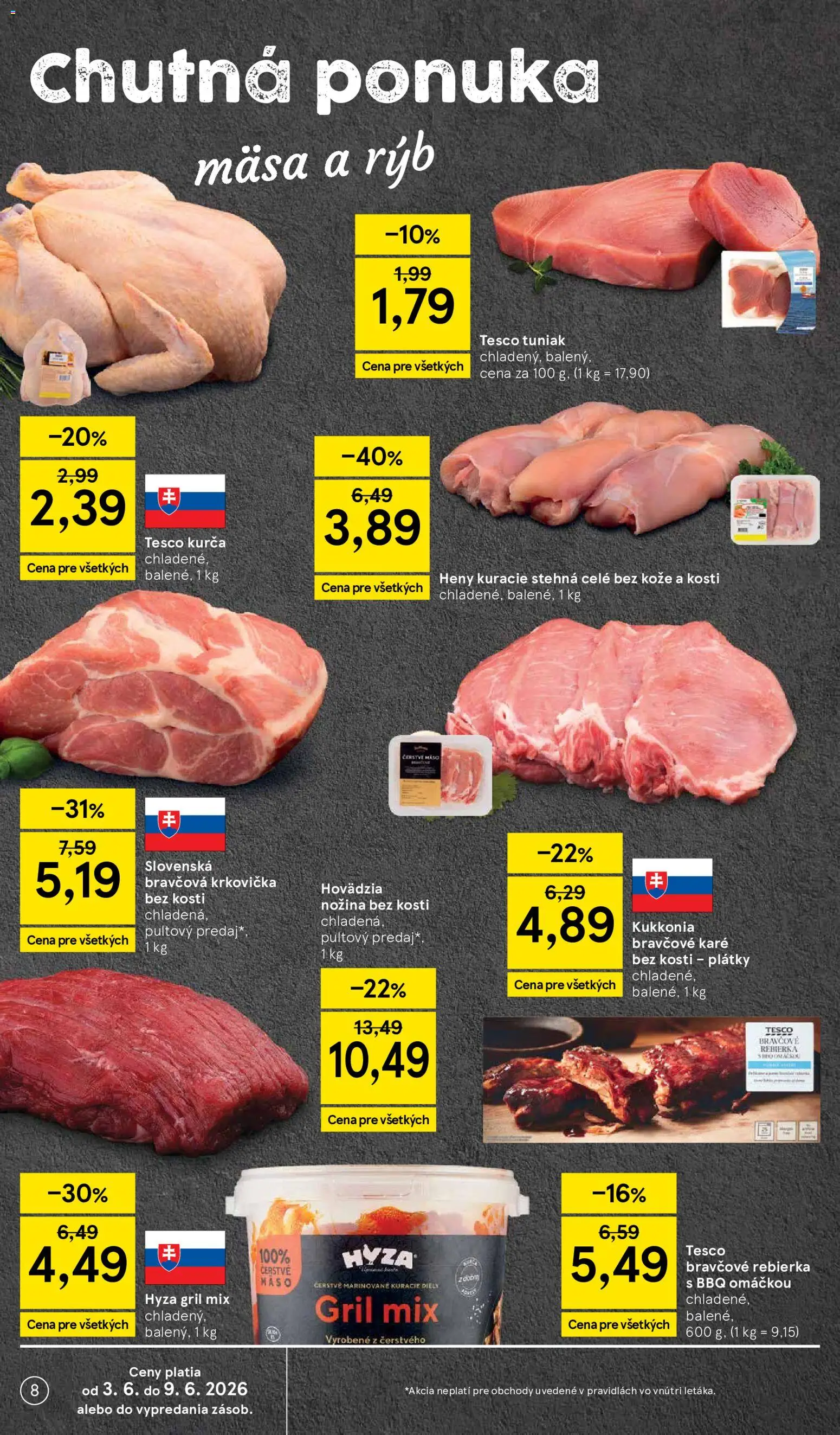 Nové Tesco akcie – leták je platný od 03.06.2026 | Strana: 8 | Produkty: Gril, Tuniak, Stehná