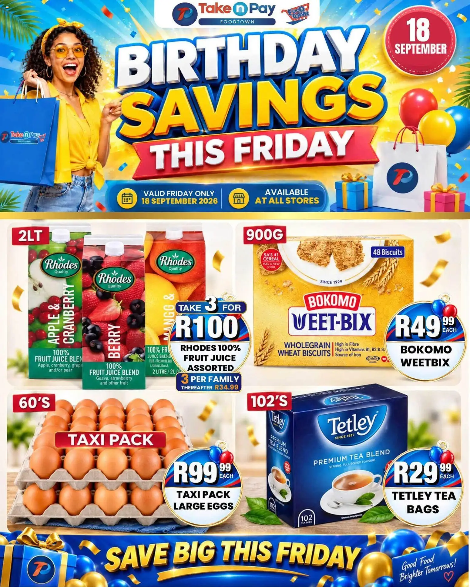 New Take n Pay catalogue – valid from 18/09/2026 | Page: 1 | Products: Vitamins, Eggs, Biscuits, Juice